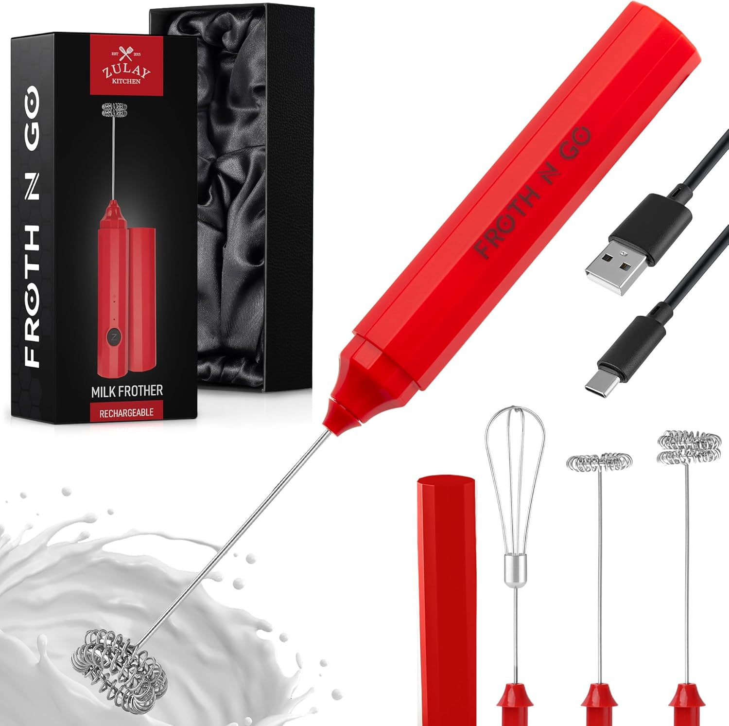 Zulay Froth N Go Milk Frother – Rechargeable 3-in-1 Handheld Frother Wand with Travel Case & USB-C Charger – Single, Double & Egg Whisk for Latte, Cappuccino, Matcha, Protein Shakes – Red