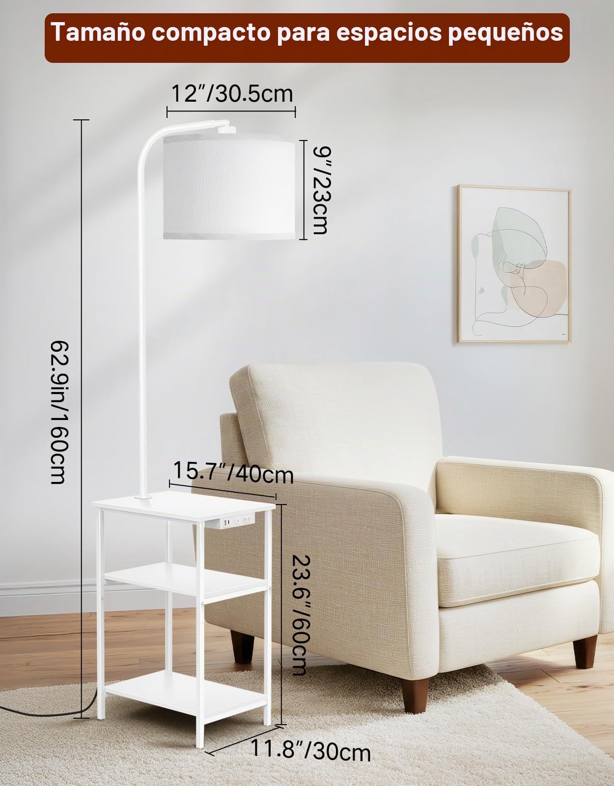 Lámpara de Pie con Mesa y Estante, LED Regulable con Mando, 3 Temperaturas de Color, Mesa Auxiliar con Carga USB y Almacenamiento para Salón
