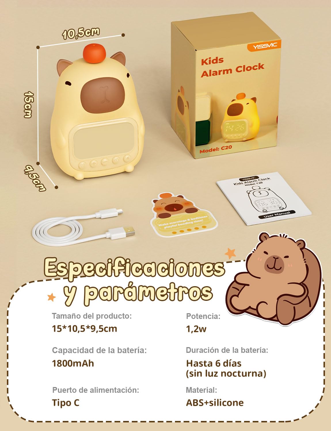 YISSVIC Despertador Infantil Reloj Despertador Digital 2 Alarmas Brillo Ajustables 8 Volumenes 5 Músicas, Función de Repetición Luces Nocturnas Recargable de 1800mAh para Infantil Adulto- Capibara