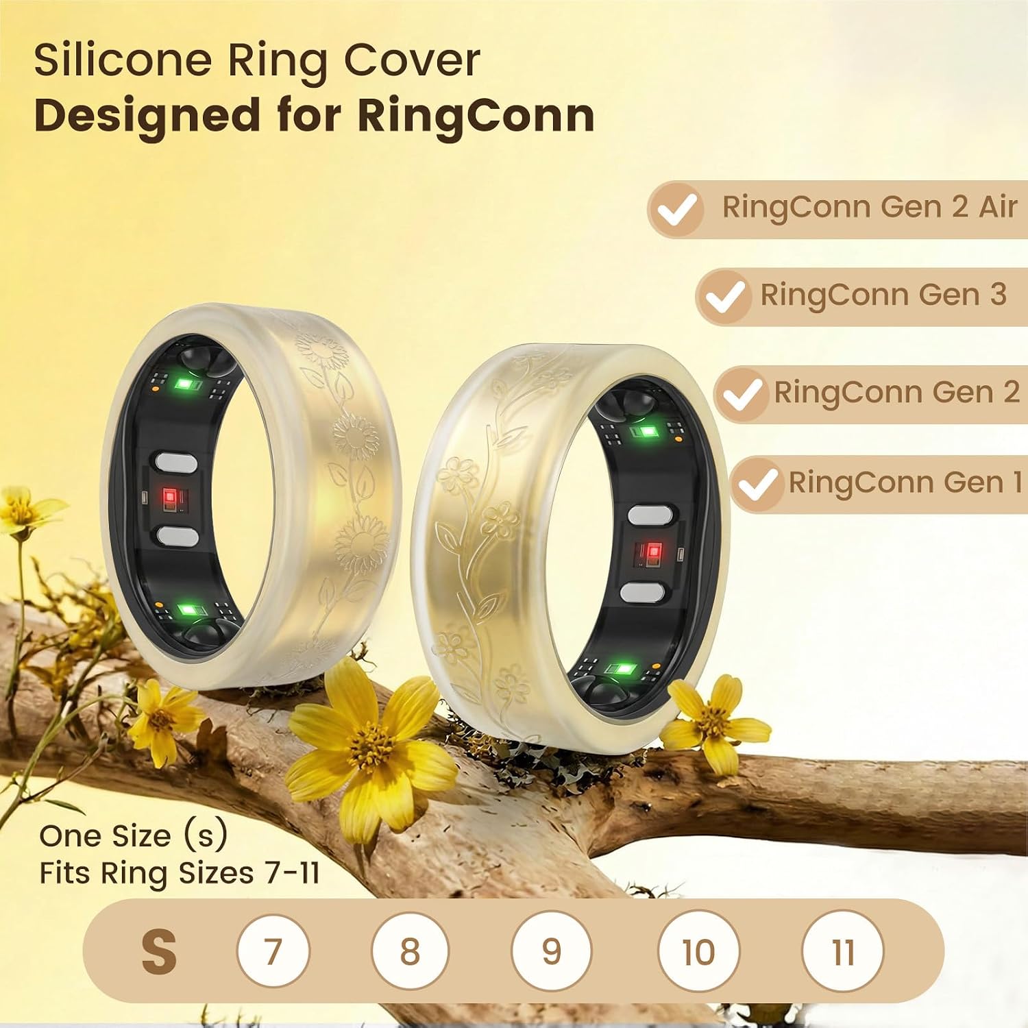 4 Pack Flower Ring Cover for RingConn Gen 3/Gen 2, Fancy Floral Engraved Anti-Scratch Silicone Smart Ring Protector Accessories for RingConn Gen 2 Air Women Girls