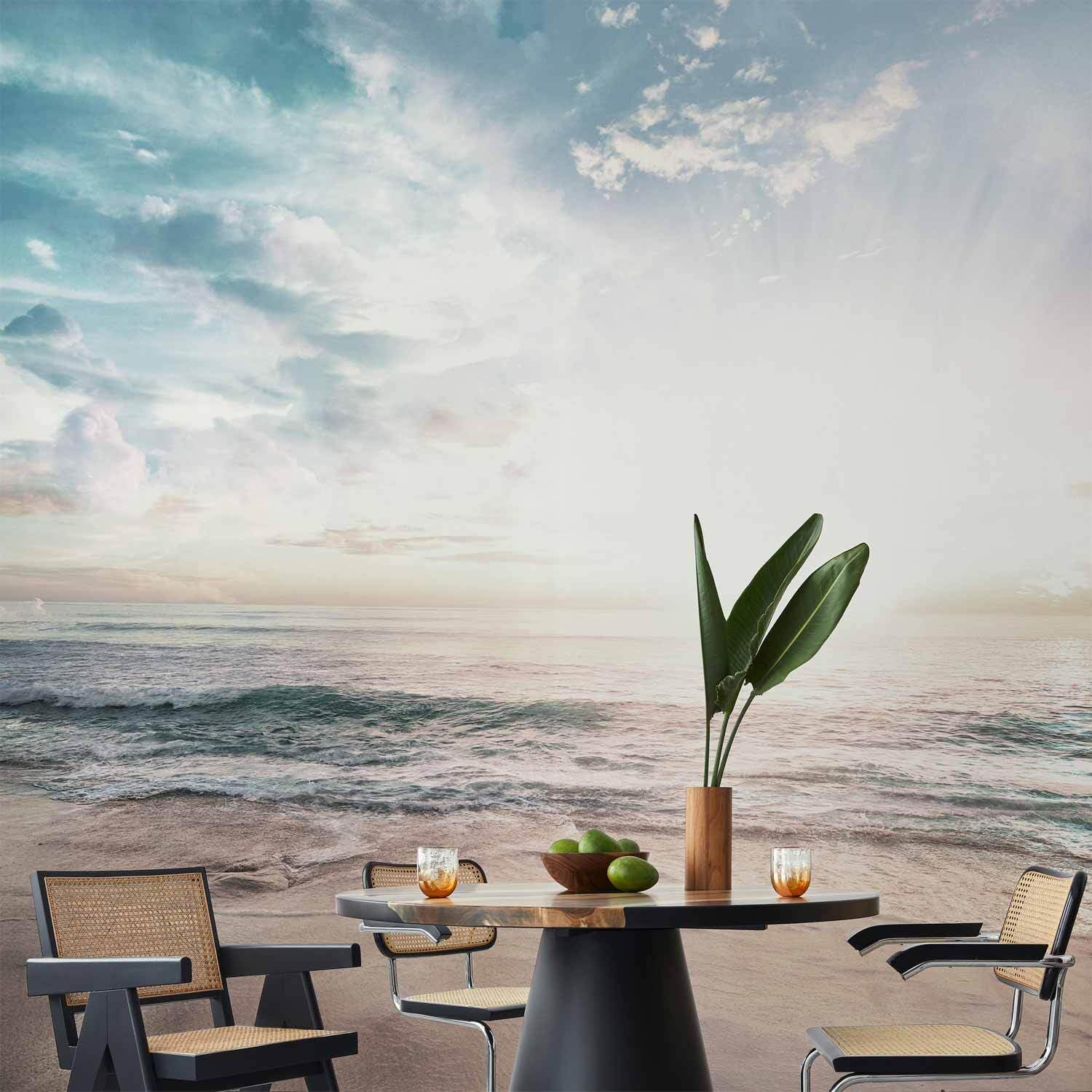 decomonkey Premium Fototapete Strand, 400x280 cm, XXL, Natur Meer Himmel | Landschaft, Sonne, Blau, Vlies, Schlafzimmer, Wohnzimmer, Design, Tapete, Fototapeten, Tapeten, Vliestapete, Wandtapete, Wand