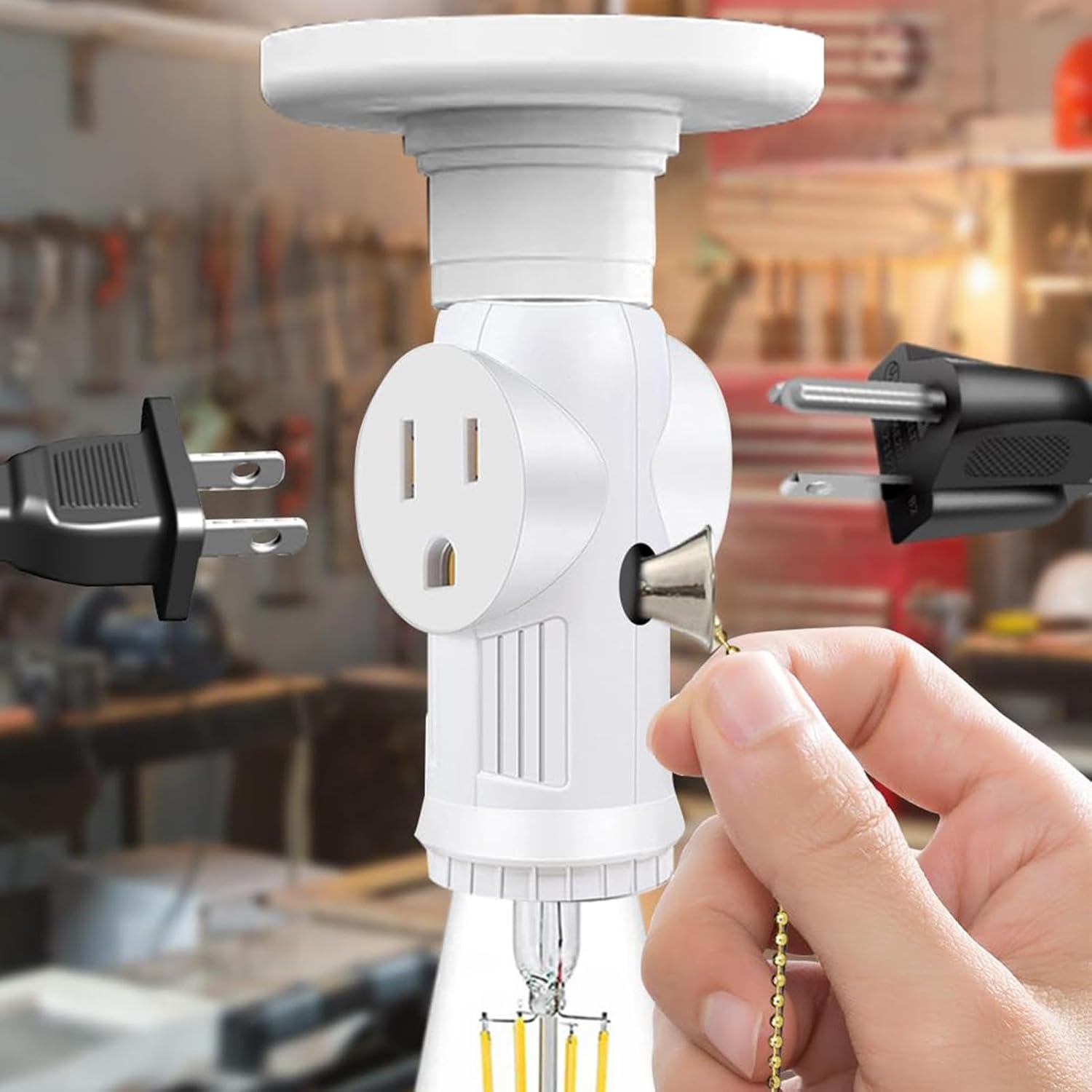 Generic Light Socket to Plug Adapter | E26 Light Bulb Socket Adapter | 2 Prong Light Bulb Outlet Plug Splitter with Pull Chain for Garden, Backyard, Patio