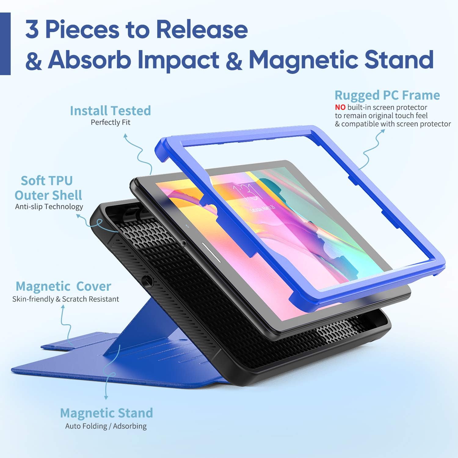 SEYMAC stock Case for Galaxy Tab A 8.0 Case 2019 (Models: SM-T290 /T295 /T297), Protection Cover with Auto Adsorb Stand Feature for Samsung Galaxy Tab A 8.0 2019 Released (Black/Blue)