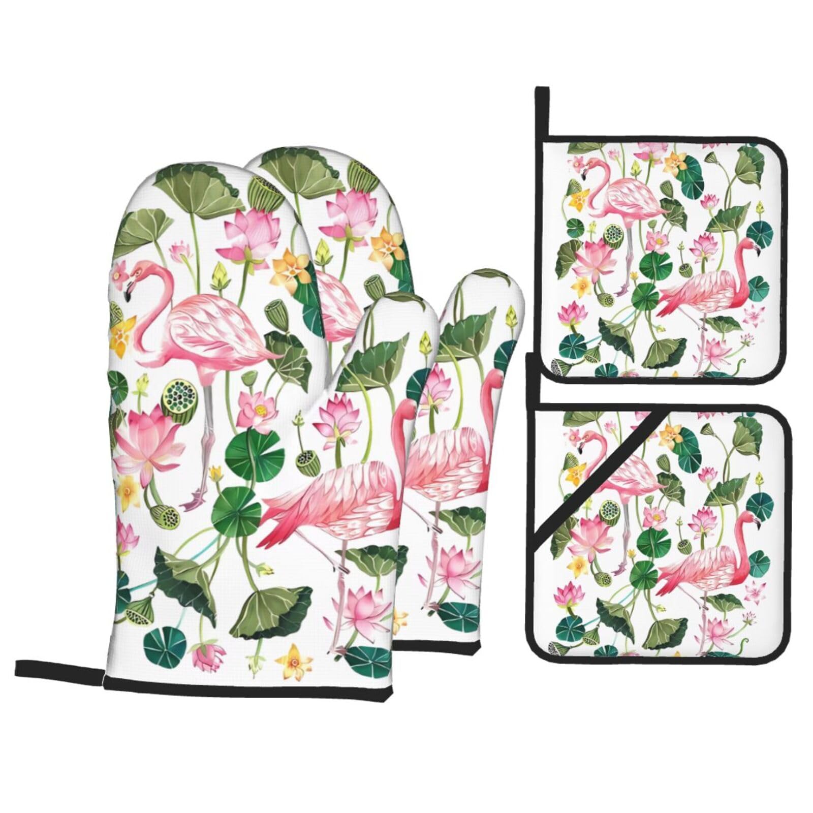 WHJSHOP Flamingo Bird Round Leaves Prints Oven Mitts & Pot Holders Set - Waterproof Kitchen Layers & Heat Resistant - Durable Covers for Safe Cooking & Easy Cleanup