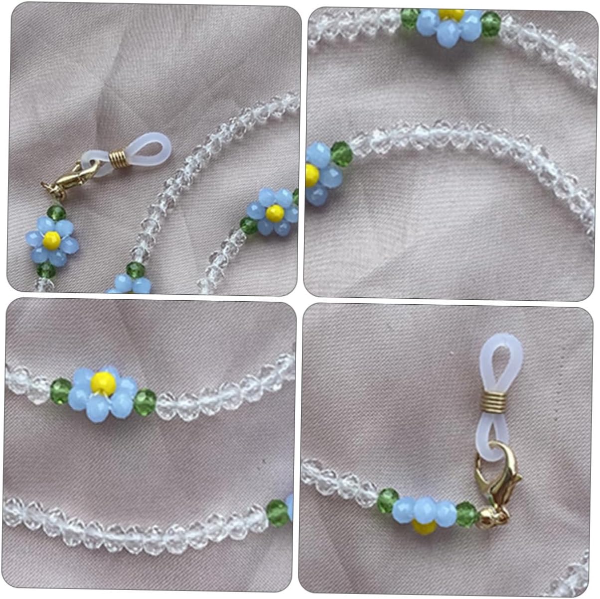 Ipetboom Multi-purpose Mask and Eyeglasses Hanging Chain with Blue Crystal Beads and Flower Pendant, Stylish Sweater Necklace Anti-lost Strap for Women’s Eyewear Accessories