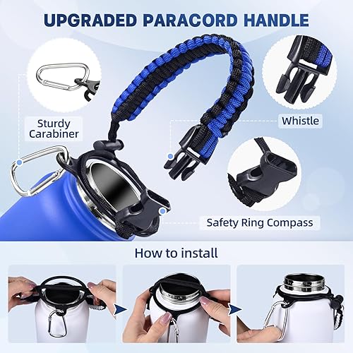 Miniatura 5 de Botella de agua aislada, botellas de agua de boca ancha de acero inoxidable de 32 onzas con 2 tapas a prueba de fugas y mango de paracaídas, botella