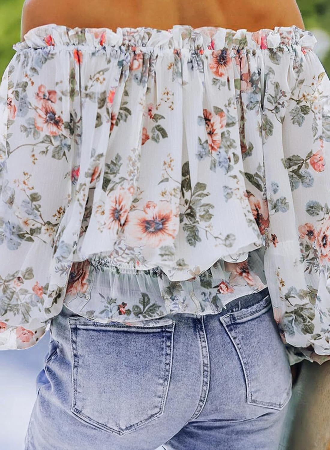 BLENCOT Summer Sexy Off Shoulder Tops for Women Boho Ruffle Sleeve Floral Chiffon Shirts Blouses - Image 3