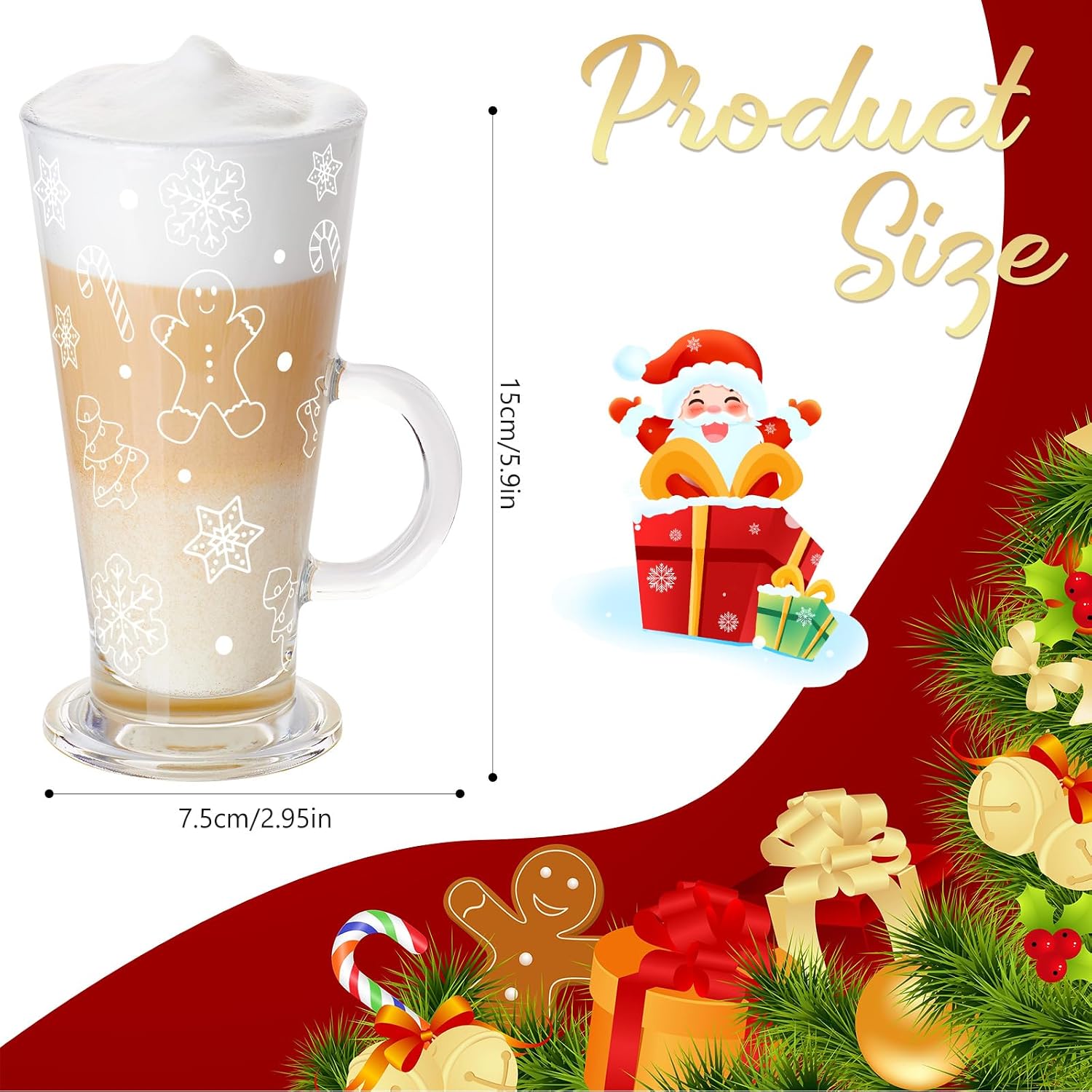 Sliner 6 Pcs Christmas Glass Coffee Mugs with Handle 9 oz Clear Irish Coffee Mugs Footed Xmas Glasses Winter Holiday cups for Chocolate Cocoa Xmas Gift (Gingerbread Man)