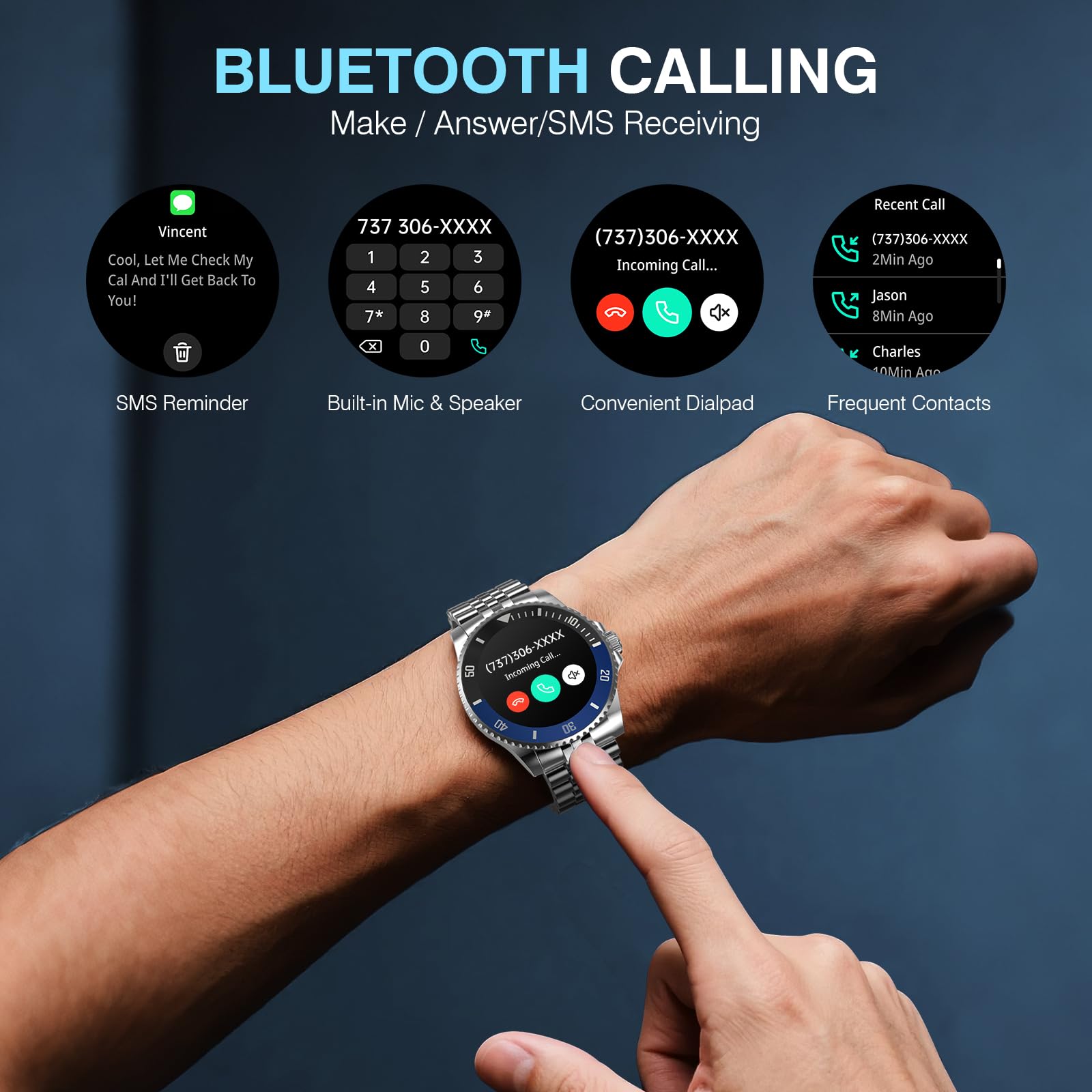 AI Smartwatch Herren, 1,19'' AMOLED Smart Watch mit Bluetooth Anrufe, 107 Sportmodi Fitnessuhr mit Herzfrequenz Schlafüberwachung Schrittzähler, IP67 Wasserdicht Runde Uhr für iOS Android Silber