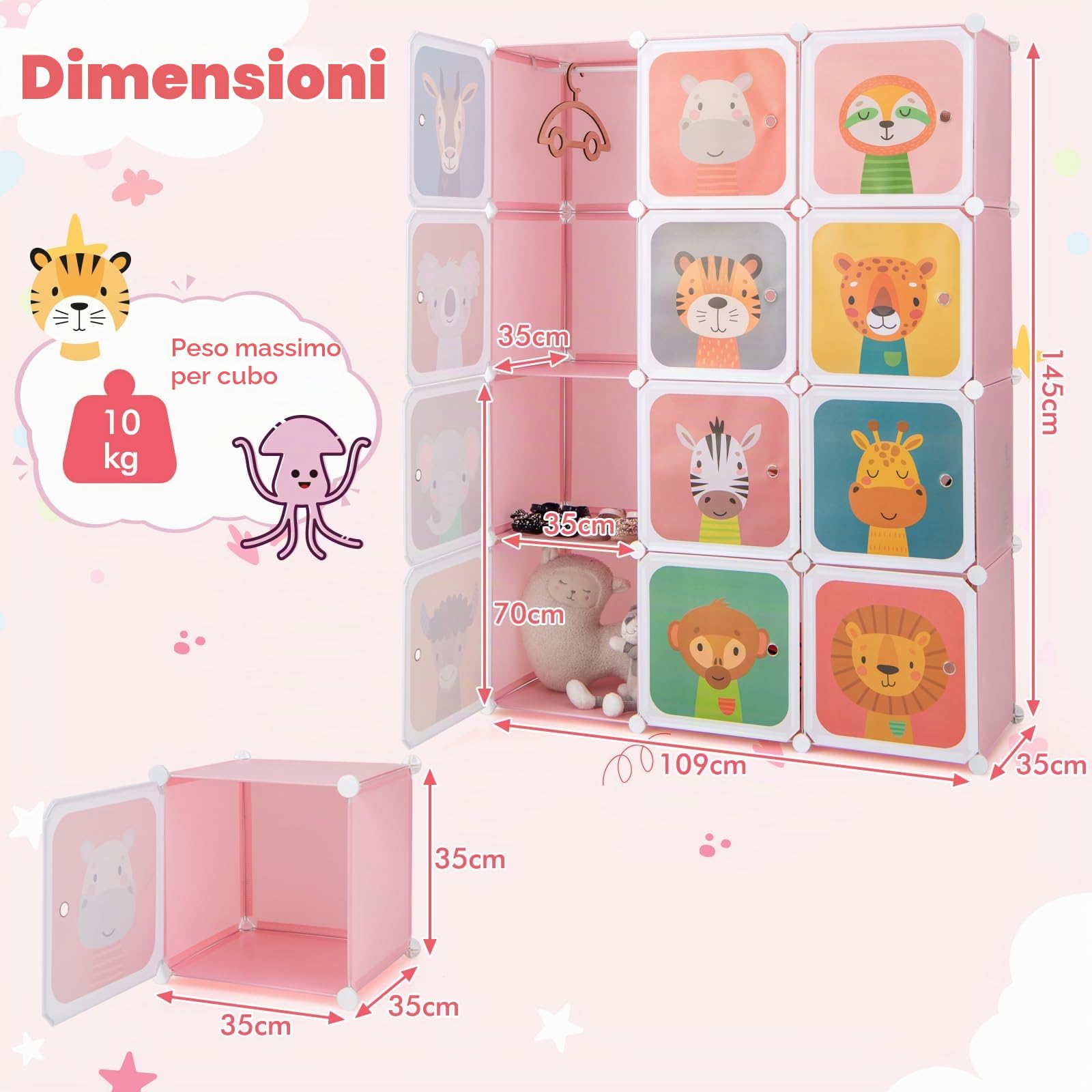 FANTASK Armadio per bambini, armadio modulare in plastica con 12 cubi, scaffale con ante e ganci, armadi per camera da letto (rosa+bianco, 12 cubi)