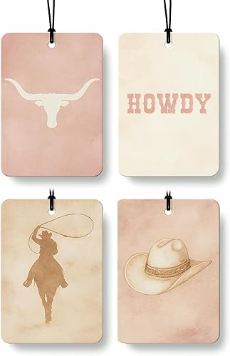 Ambientador de coche bohemio occidental, 4 piezas con aroma a coco, calaveras de vaca Howdy, rodeo, vaquera, accesorios de coche, decoración de