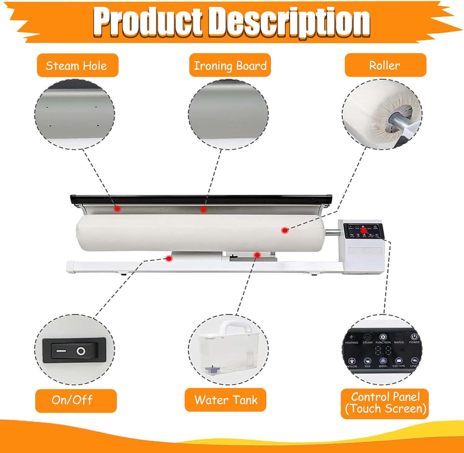 90cm Bidirectional Rotary Iron with Touchscreen, Continuous Steam 70g/min 2L Tank 2.5m/min Speed, Steam Roller Ironer for Hotels, Laundries