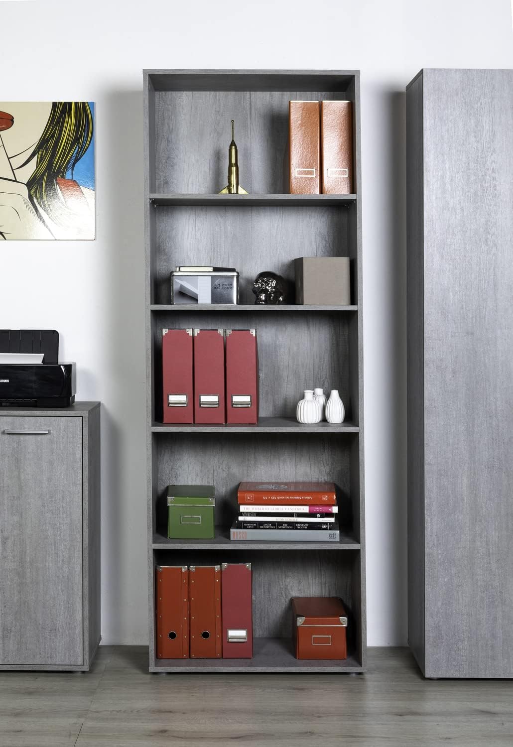 Composad | Libreria Alta della Linea DISEGNO Con 5 Ripiani Regolabili, Libreria Scaffale Moderna, (LxAxP) 81,60x217,5x35,70 cm, Grigio Cemento, Soggiorno, Studio, Ufficio, Made in Italy