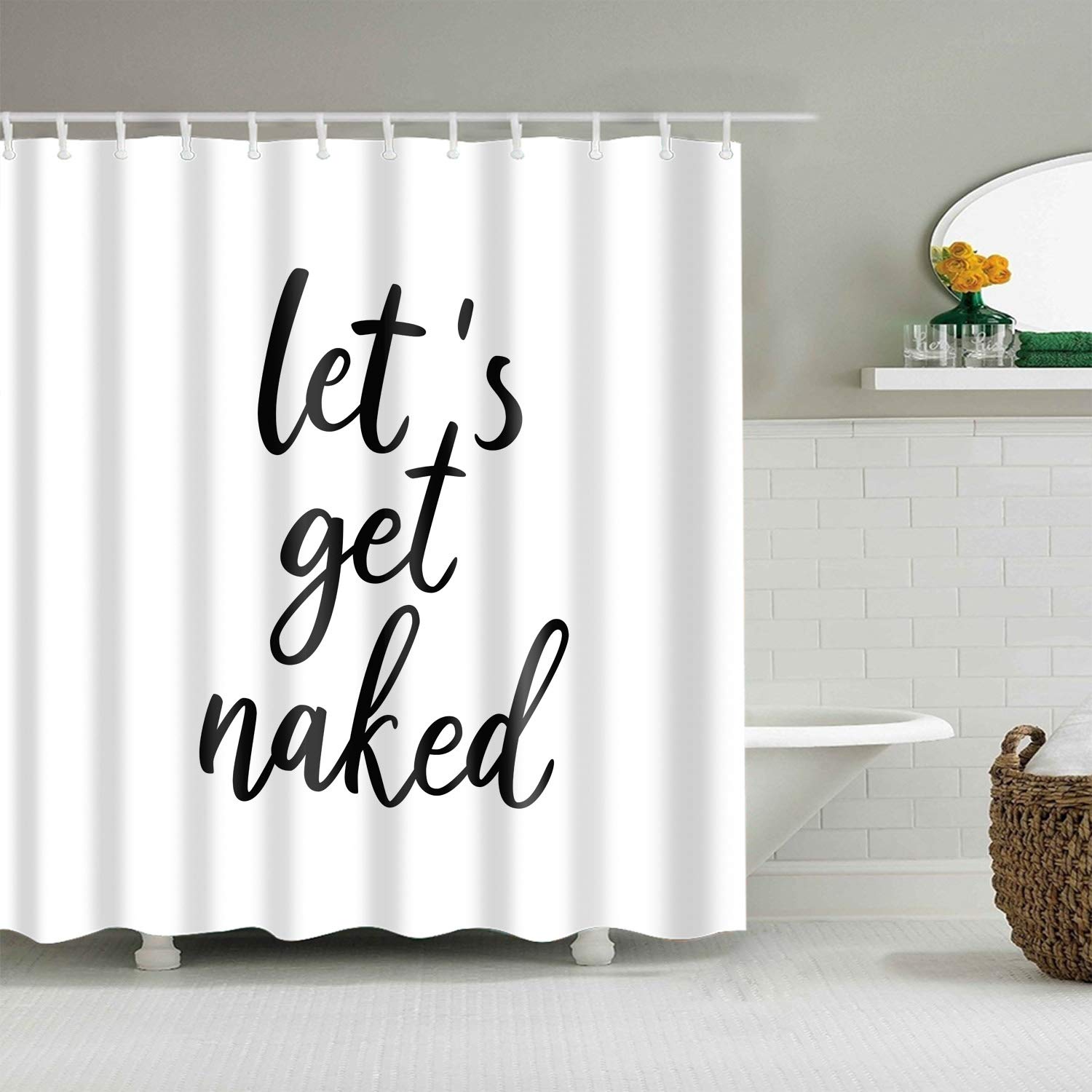 Amagical White Let's Get Naked Shower Curtain,Black Art Font Words Let's Get Naked Beautiful and Cool Shower Curtains Liner Set for Bathroom, Waterproof Fabric Bath Decor Accessories 72" x 72"