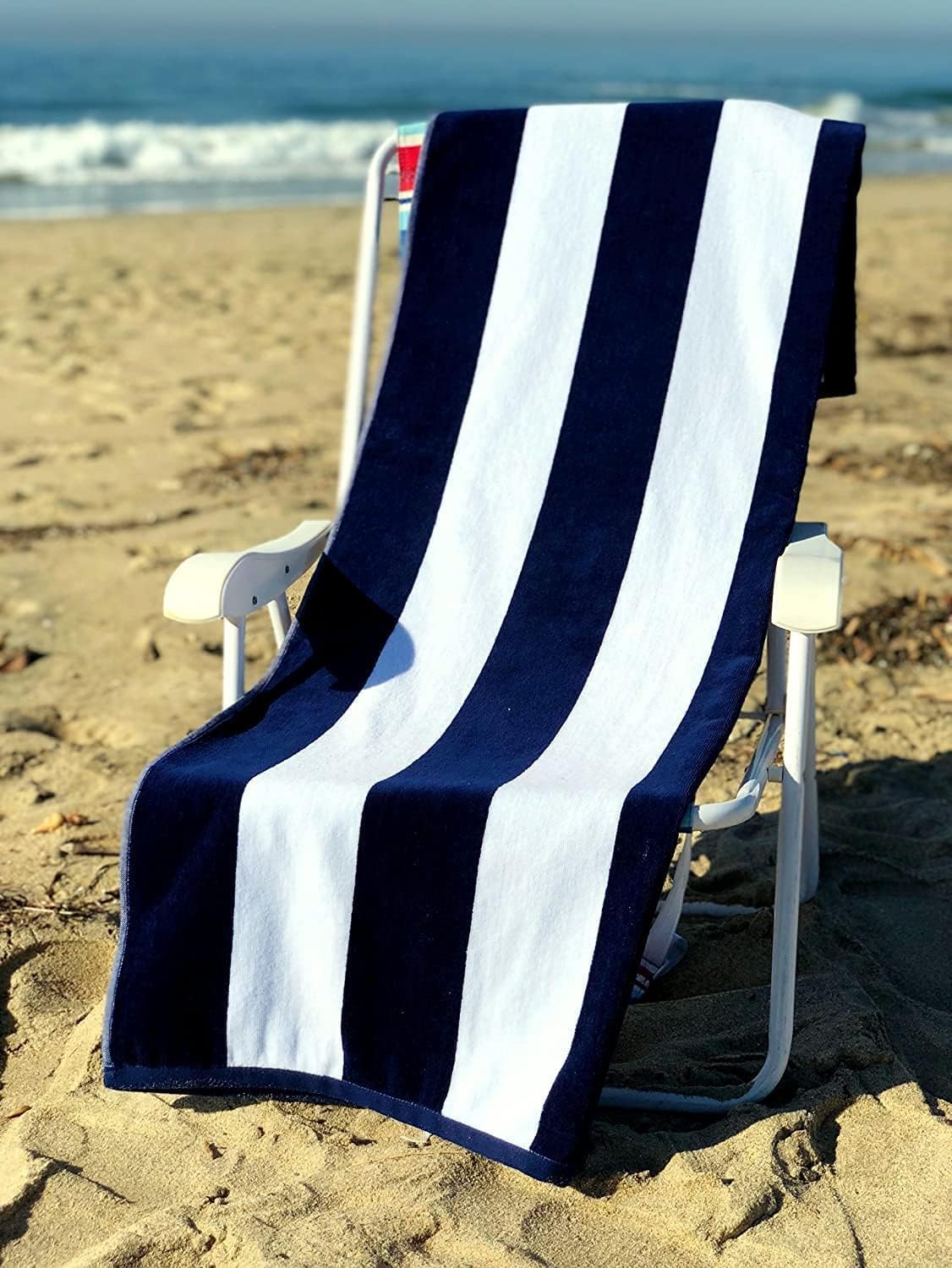 Beach Large Towel, Pool and Beach, Cabana Striped One Side Terry and One Side Velour 32"x70" Blue White (4)