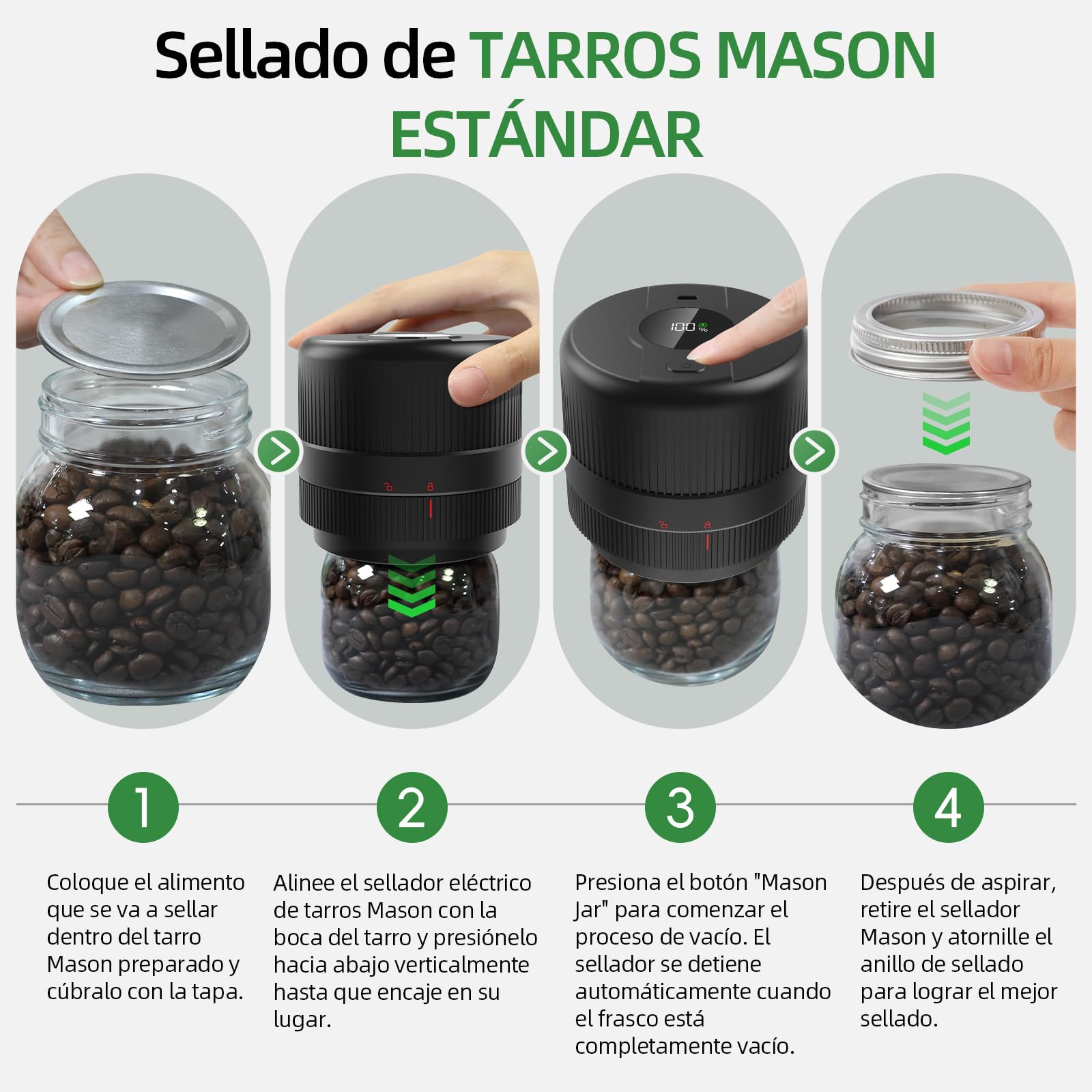 Envasadora al Vacio para Tarros Cristal, Sellador al Vacío Mason Jar, Mason Jar Vacuum Sealer, Parada Automática, Tarros Mason para Conservación y Fermentación de Alimentos, Negro Profundo