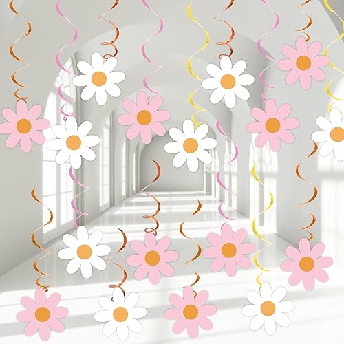 60 piezas de flores de margarita rosadas, espirales de papel de aluminio de margarita rosa, decoración de recortes de flores, suministros de fiesta