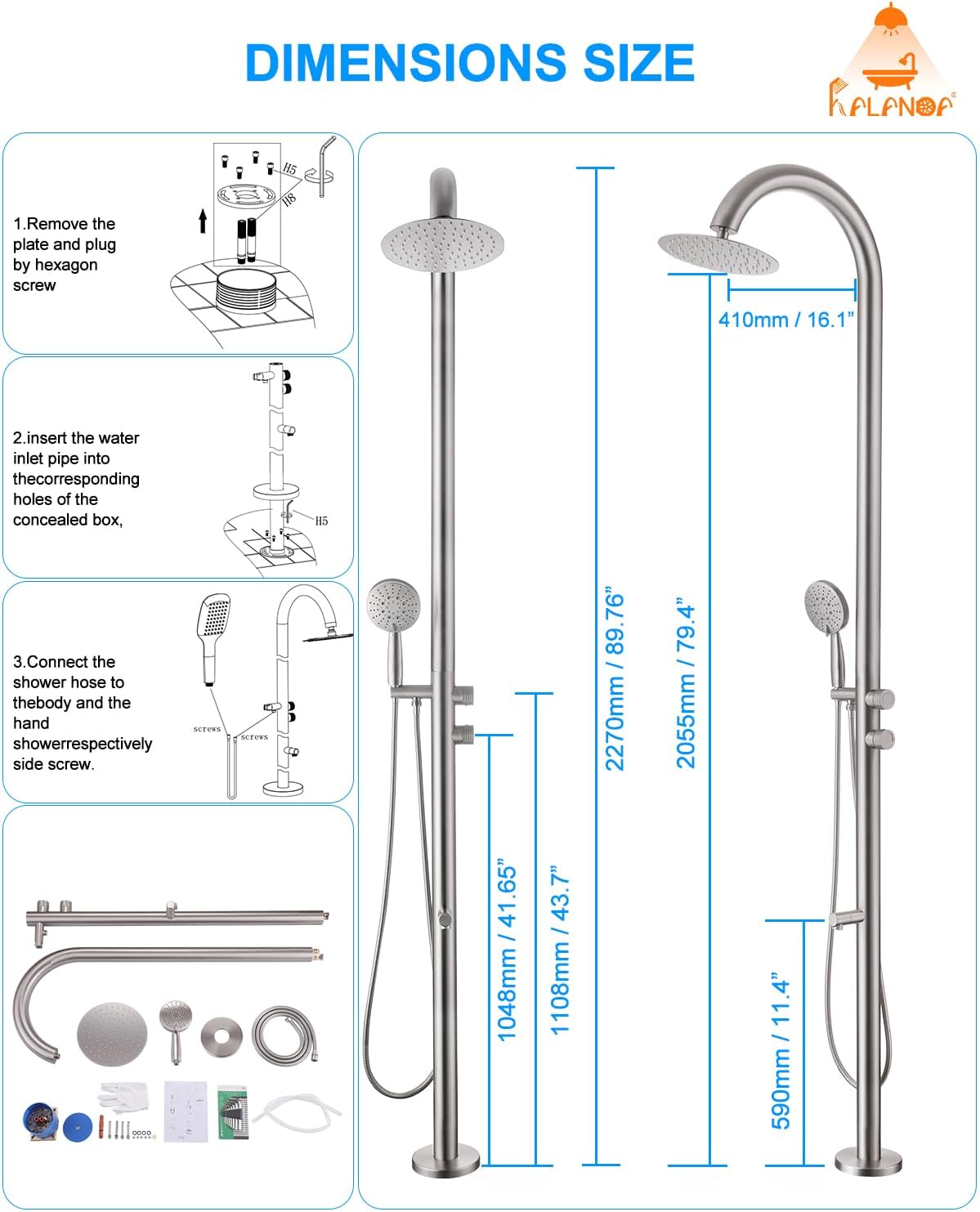 Free Standing Outdoor Shower Stainless Steel, 5-Function Nickel Shower Kit with 10''Rain Shower Head,Outdoor Shower Fixture for Backyard Beach Poolside,Floor Mounted
