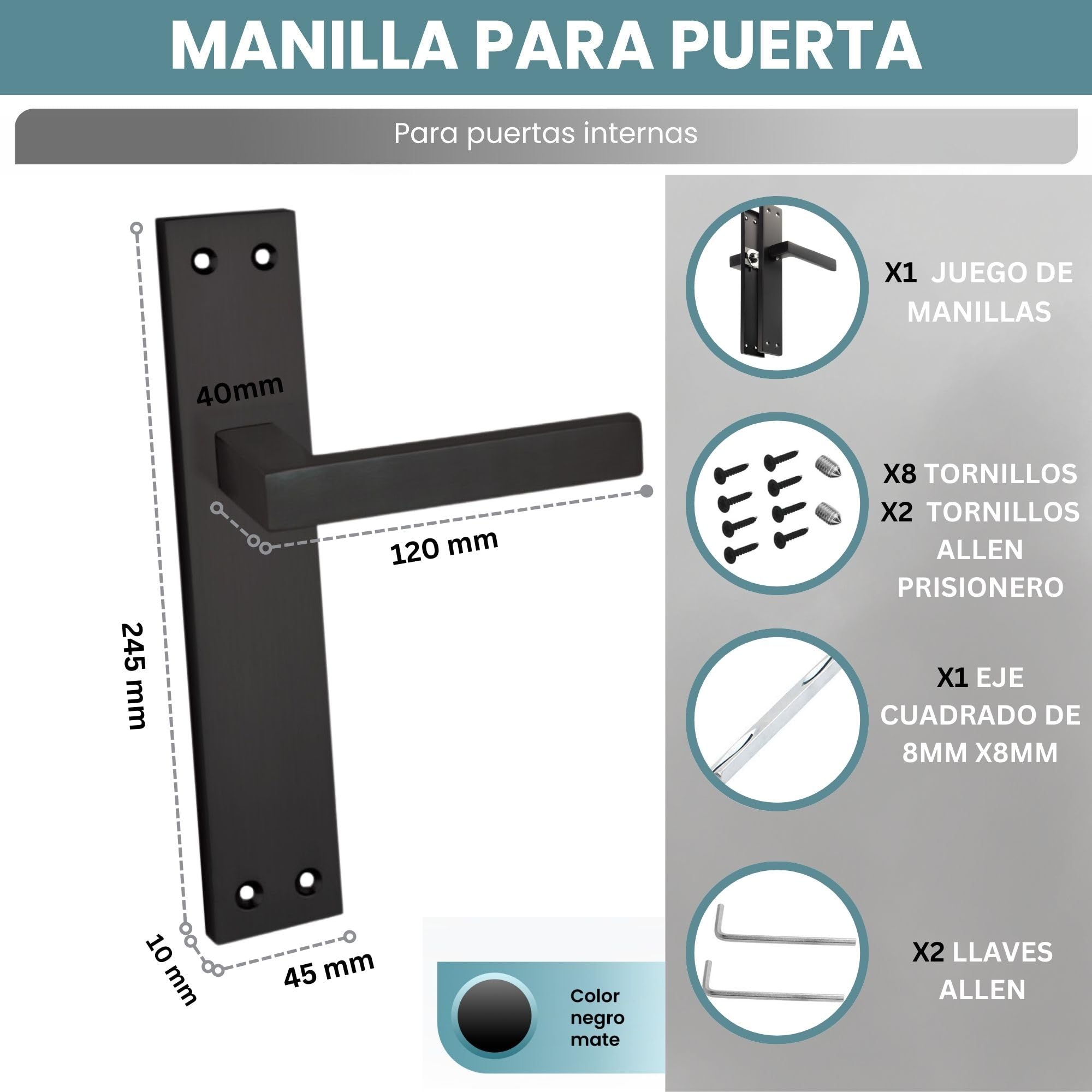 AZERODESIGN-Manetas Puertas Interior Casa-Manillas Puertas Interior Placa Cuadrada-4,5x24,5 cm-Largo Manija de 12 cm-Color Negro Mate-Manivelas Puertas Interior-Material Aluminio