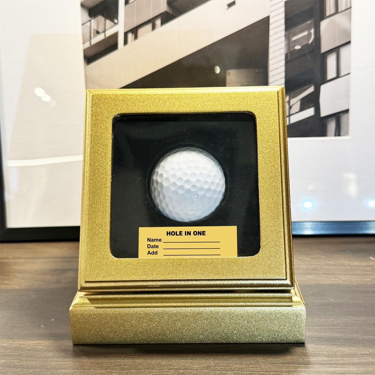 Hole in one Golf Ball Display case,writable Gold nameplate,Crafted with Premium Wood Composite and Thick Glass (Gold)