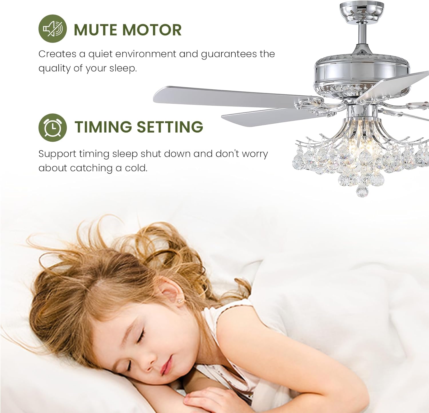 MOOONIHCE 52" Elegant Ceiling Fan with Light and Remote, Raindrops Crystal Fandelier with Wood Blades, Reversible Chandelier Fan for Living Room Bedroom Dinning Room