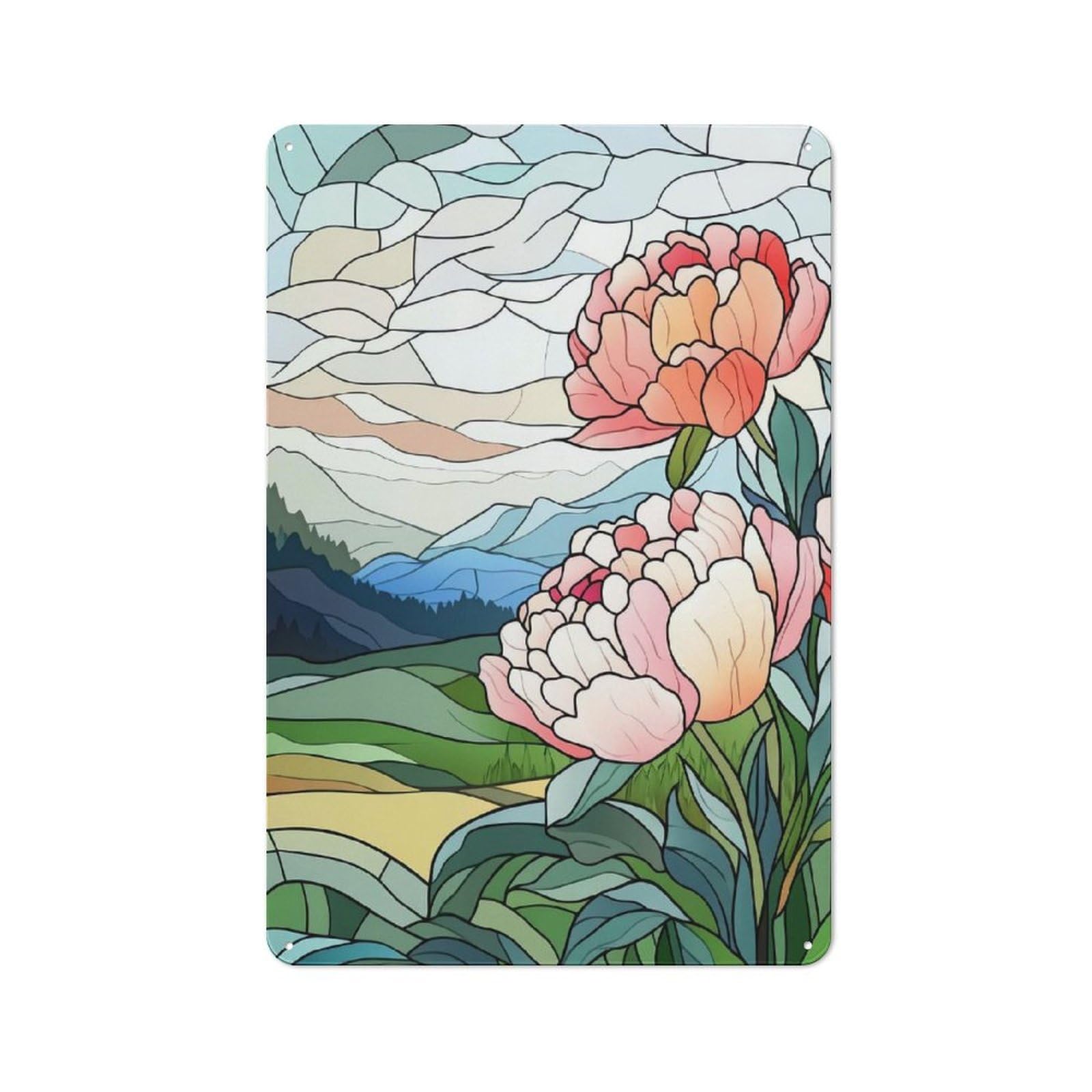 Junmoney Stained Glass Peonies Understated Office Metal Sign 30X20cm Featuring Study Room Decor For Home Office, Reading Corner Or Bedroom