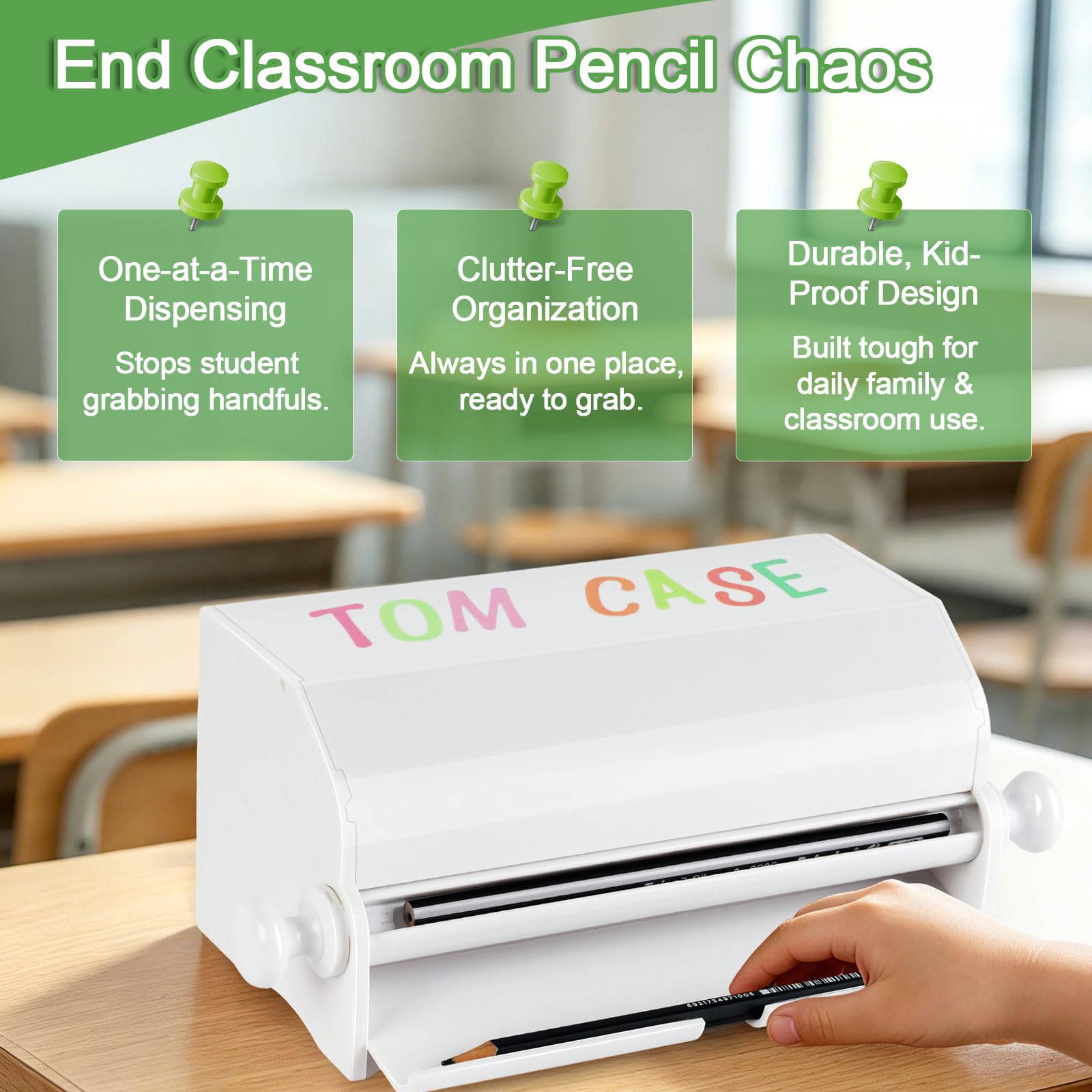 Dispensador de lápices para aula con 4 hojas de calcomanías, soporte acrílico para lápices para escritorio, caja de almacenamiento para lápices para uso en la oficina o regalo para profesores