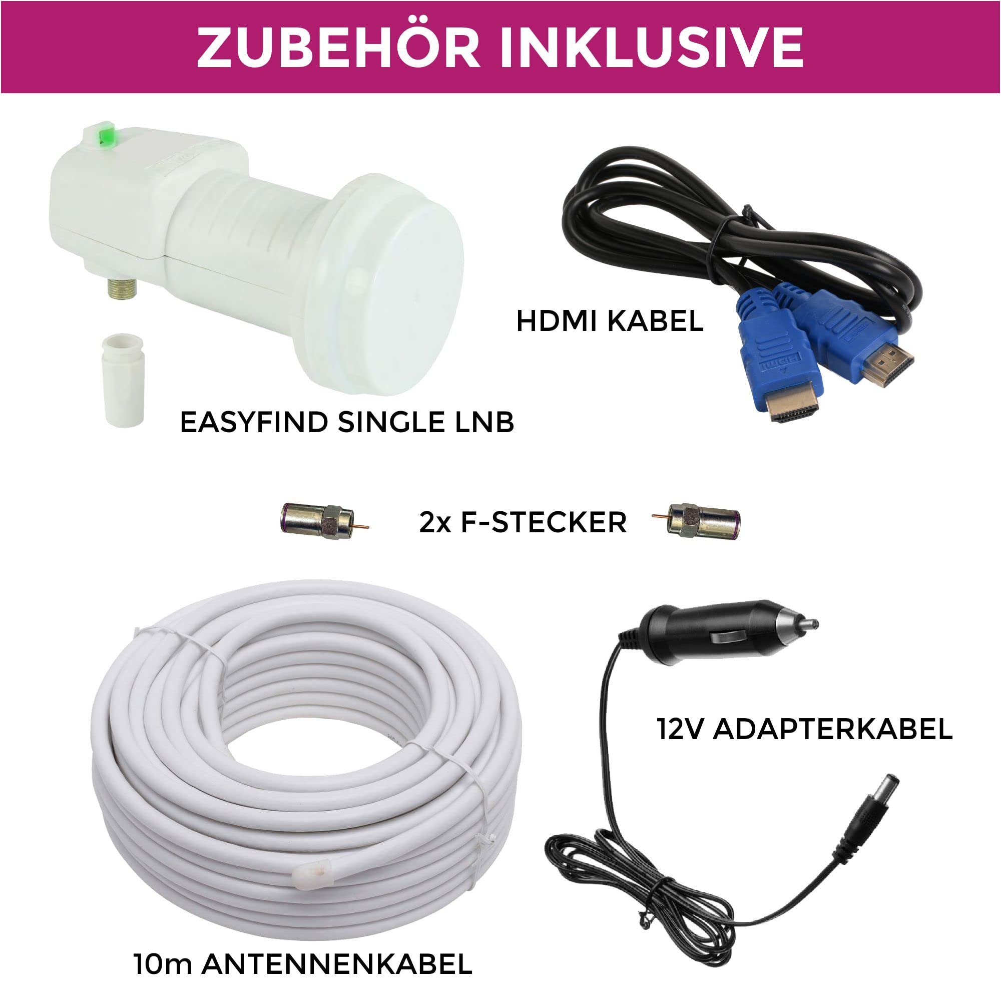 GSS Camping 35 cm Satellitenschüssel Komplettset mit Single LNB im Koffer, Sat Anlage Komplett Antenne, Wohnwagen, Wohnmobil, Camping TV, Mini Anlage, Satellitenschüssel klein
