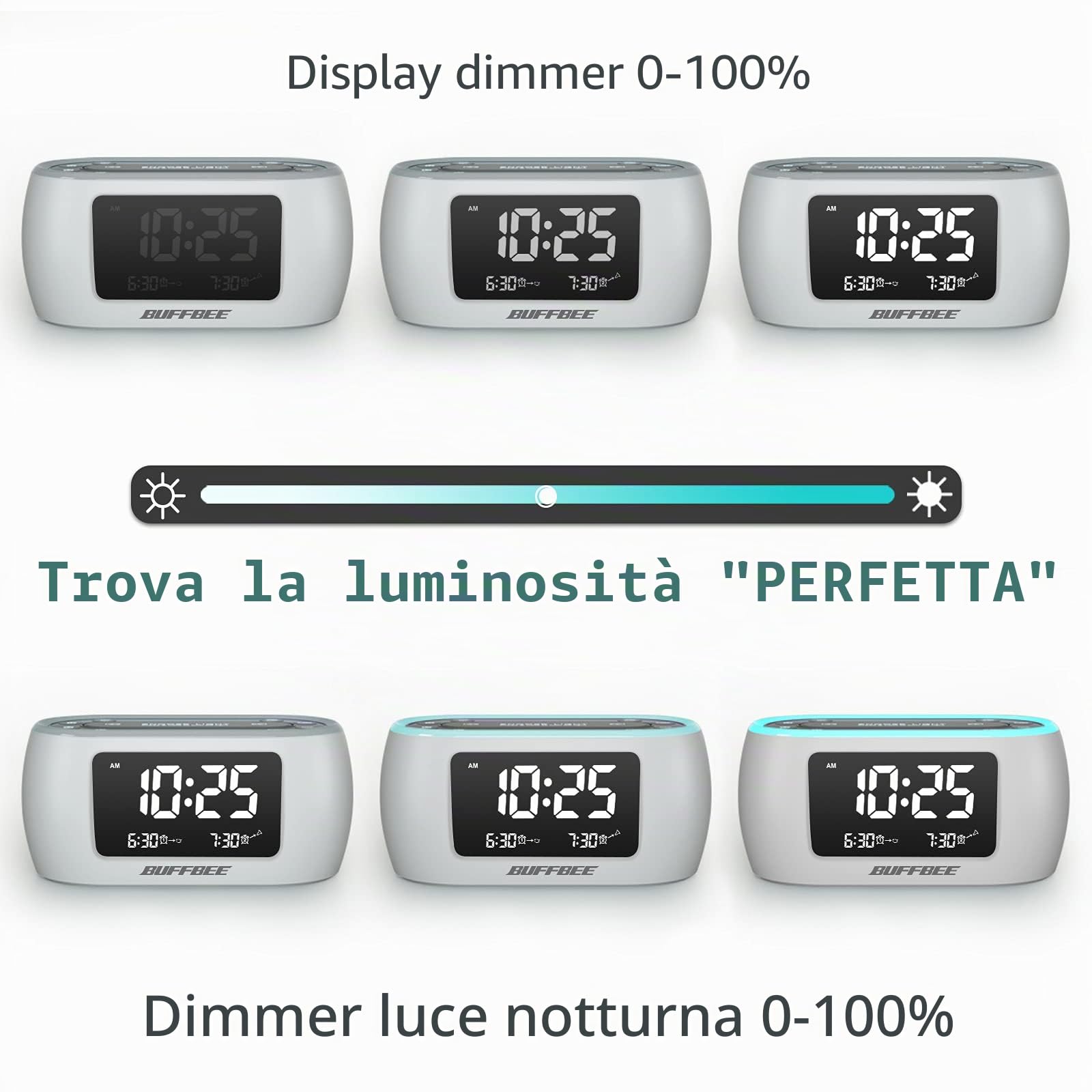 BUFFBEE Radio Sveglia con Luce Notturna 7 Colori, Doppio Allarme, Snooze, Dimmer, Porta USB, Timer Riposo, Sveglia Digitale con Radio FM, Timer Notte - Bianco