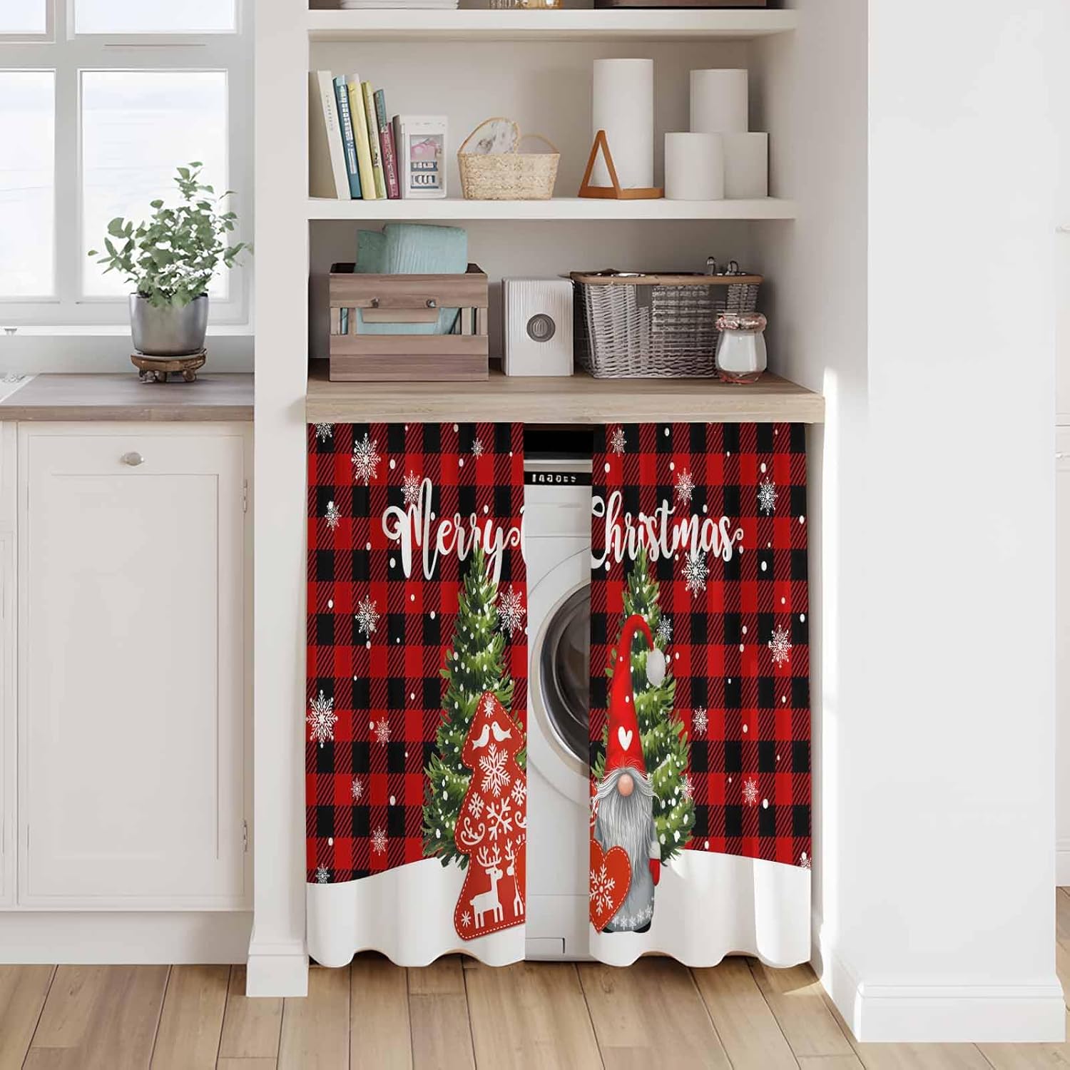 Christmas Gnomes Kitchen Tier Curtains 45 Inch Long 2 Panel Set,Rod Pocket Short Window Treatment,Red Black Plaid Xmas Trees Snowflake Curtains & Drapes for Bathroom Basement 27.5"W x 45"L