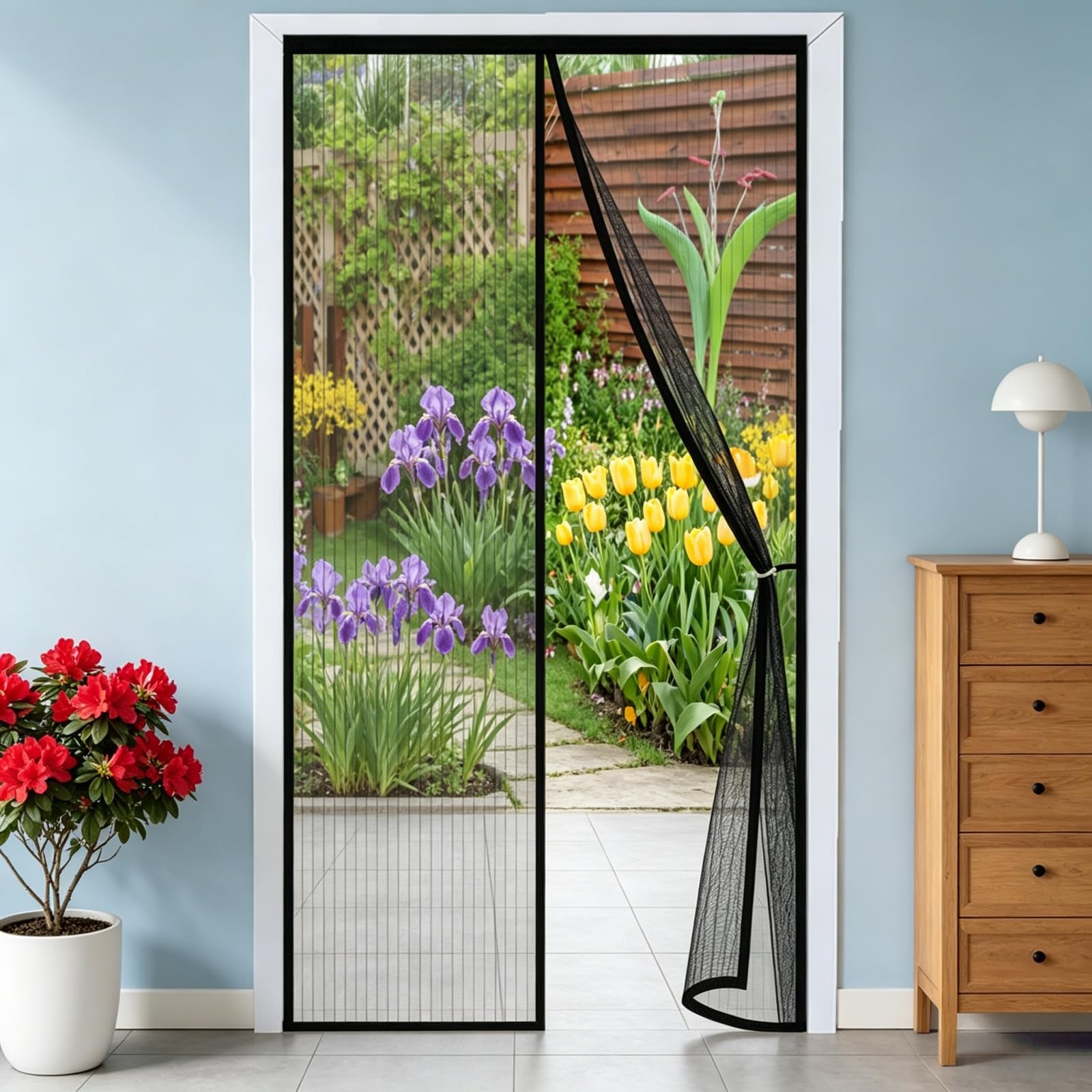 Lihuane Black Fly Screen For Doors 112 X 234 Cm With Powerful Magnets & Full Frame Magic Tape Patio Curtain Insect Mesh Easy To Install Without Drilling For Patio Doors Balcony Bedroom,