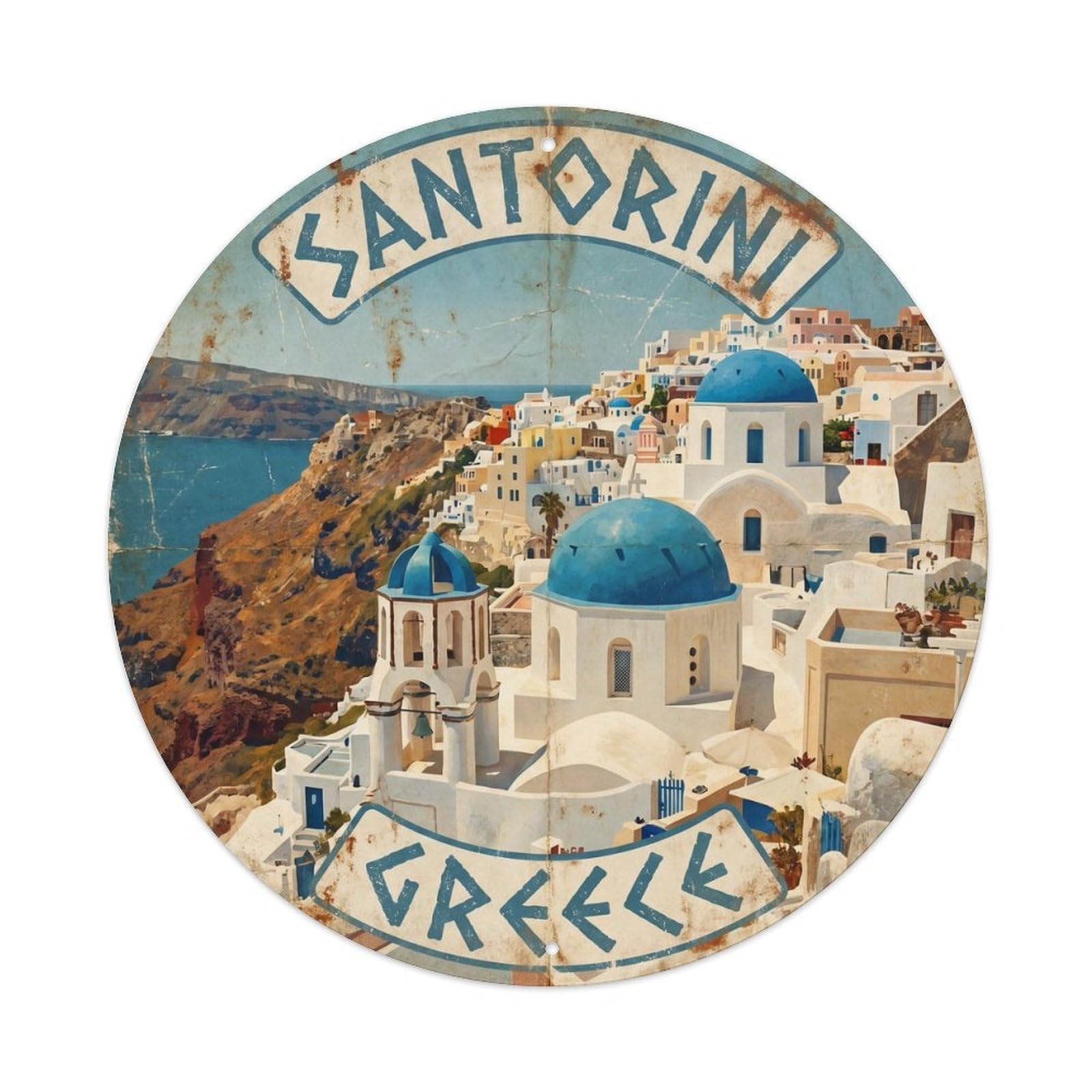 Vintage Travel Santorini Island Greece Metal Tin Sign Plaque Wall Decor for Cafe, Club Bar, Office, Home Garden Round Metal Poster 8x8Inch
