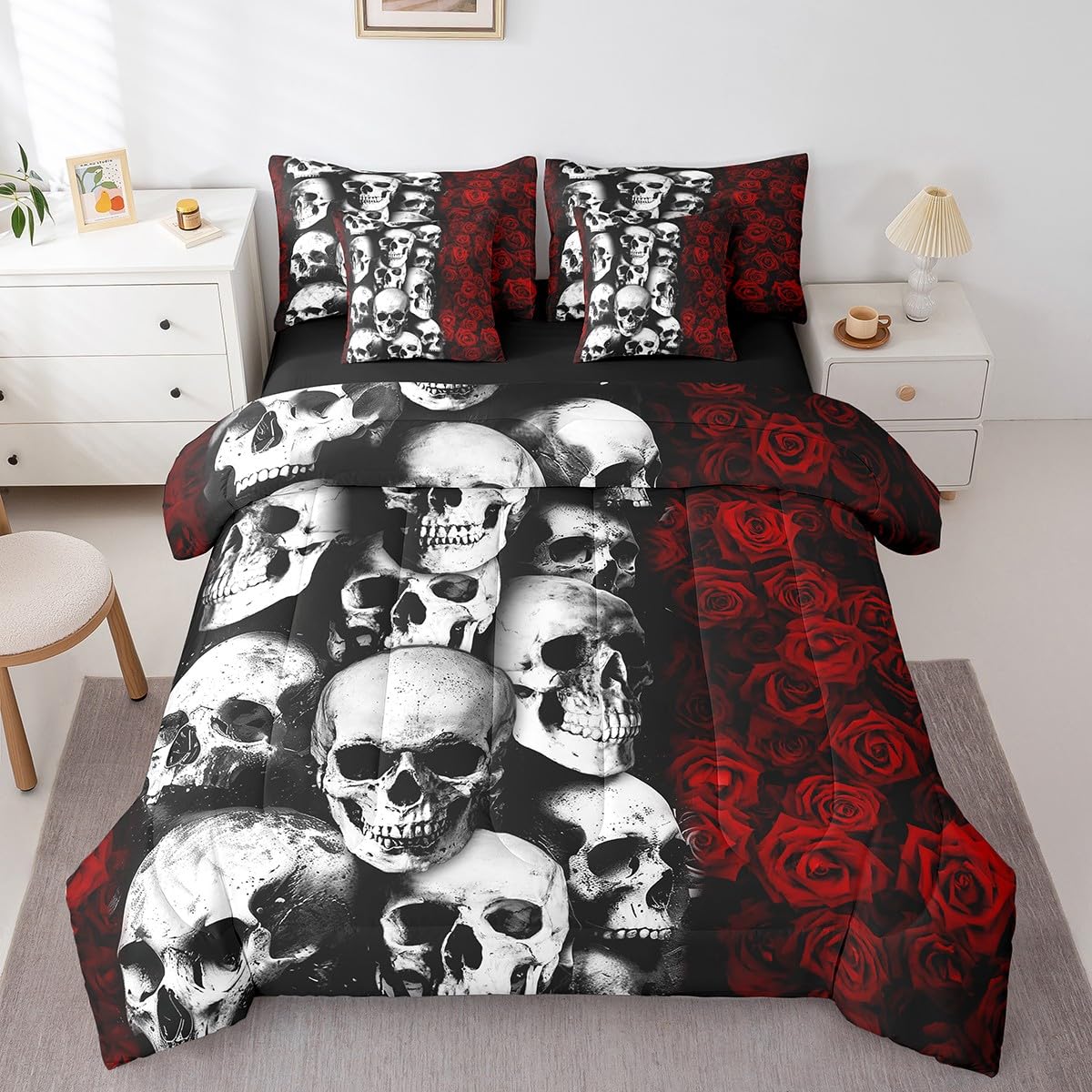 Erosebridal Bettwäsche-Set Gothic Design – Rot-schwarzes Totenkopf-Motiv Mit Spannbetttuch