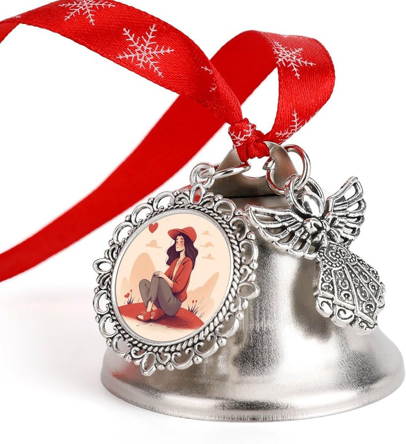 Christmas Bell Women Sitting on The Ground Jingle Bell with Wing Pendant Christmas Ornament Metal Vintage Bells Christmas Tree Hanging for Holiday Party Decoration