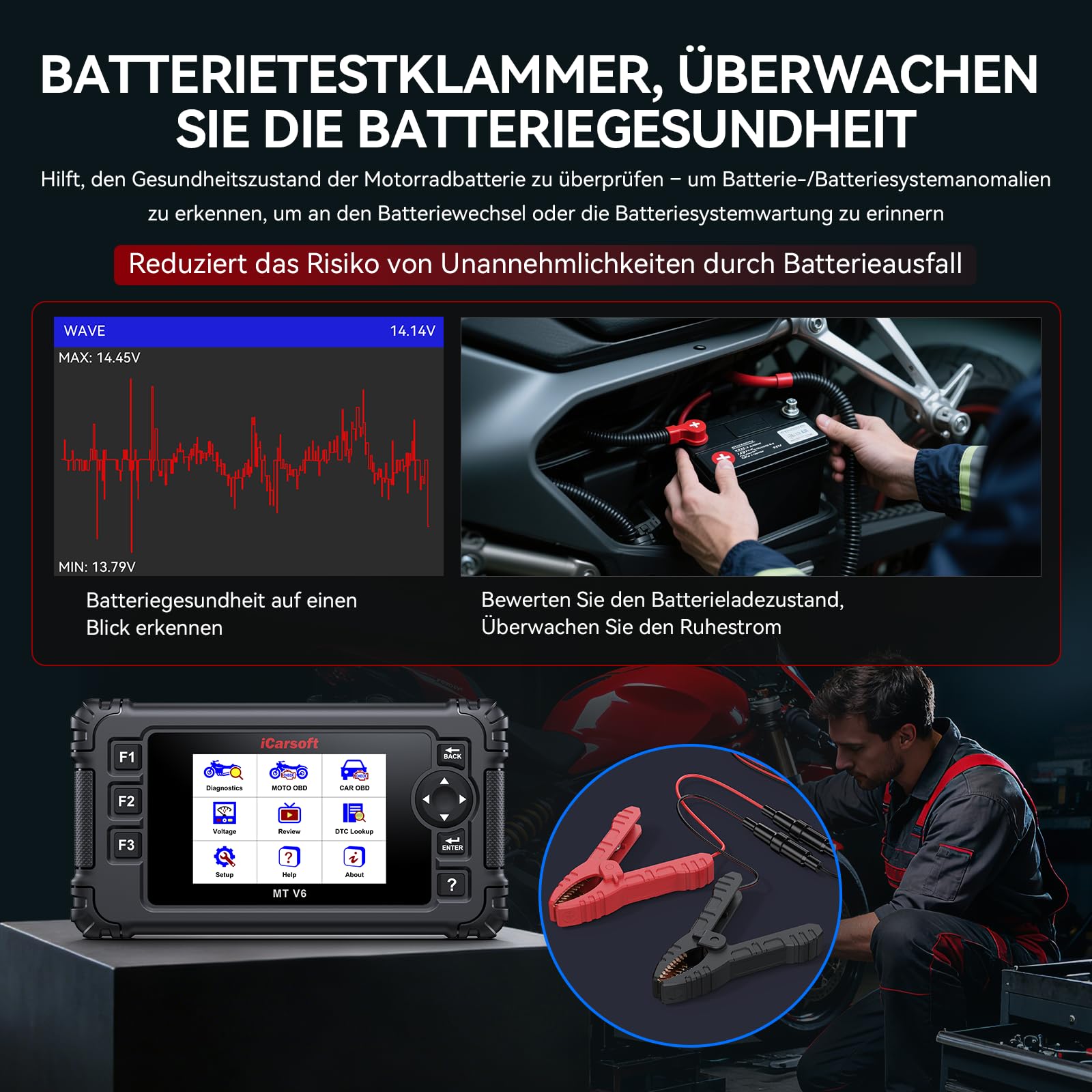 iCarsoft MT V6 Motorrad Diagnosegerät für Ducati, OBD2 Scanner, Vollsystemdiagnose, 153 Wartungsdienste, 112 Bidirektionale Tests, Fehlercodes Auslesen & Löschen, Batterietest – Aktualisierte Version
