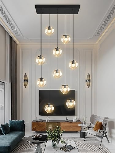 Miniatura 40 de Escalera LED de 10 luces LED moderna con globo de cristal, lámpara colgante grande para techos altos, accesorios de iluminación de entrada, villas y