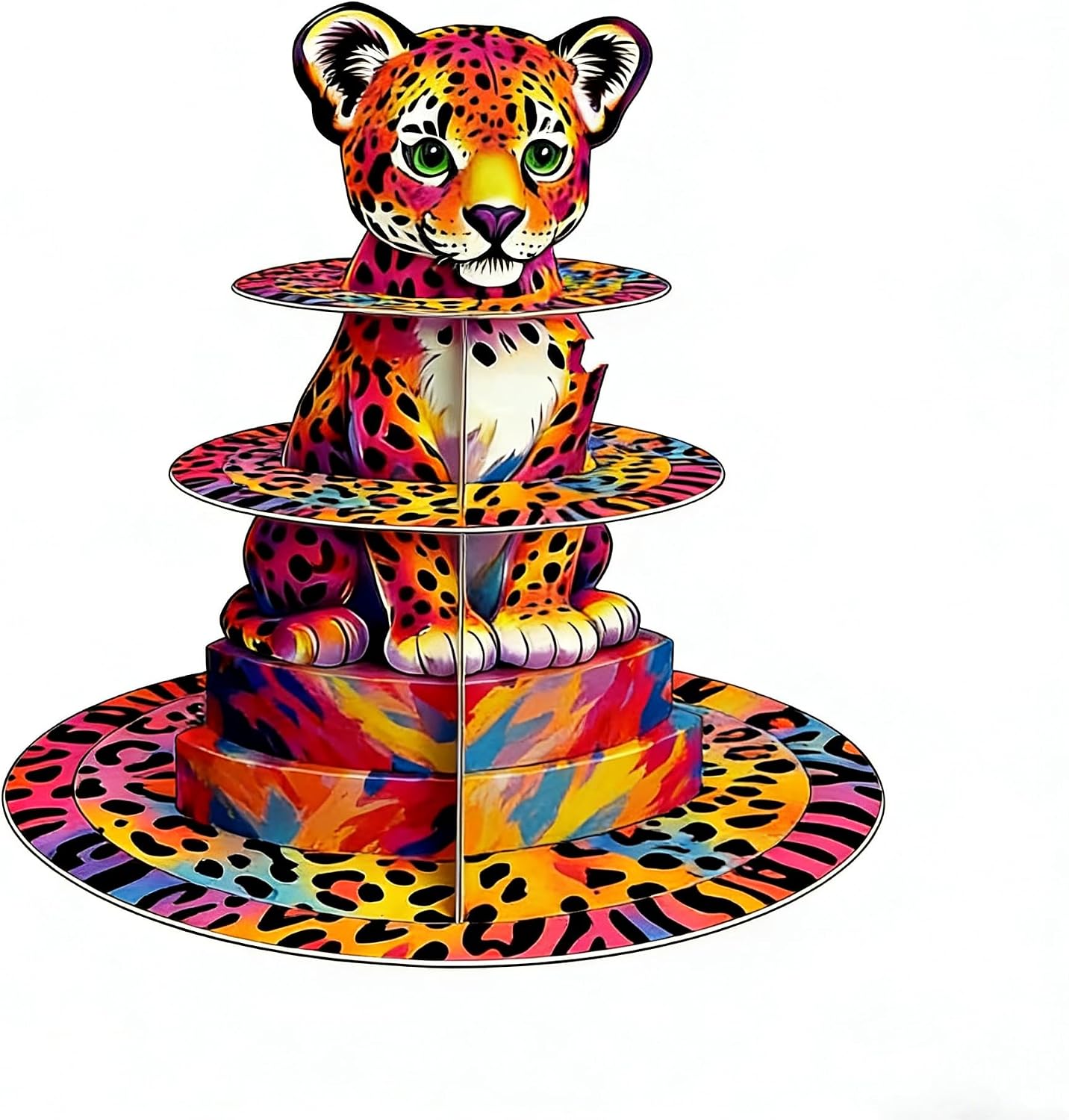 Rainbow Cheetah Birthday Party Decorations,3 Tiers Rainbow Neon Leopard Cupcake Tower Stand,16 Inch Cardboard Cupcake Tray for Jungle Animals Theme Party Supplies
