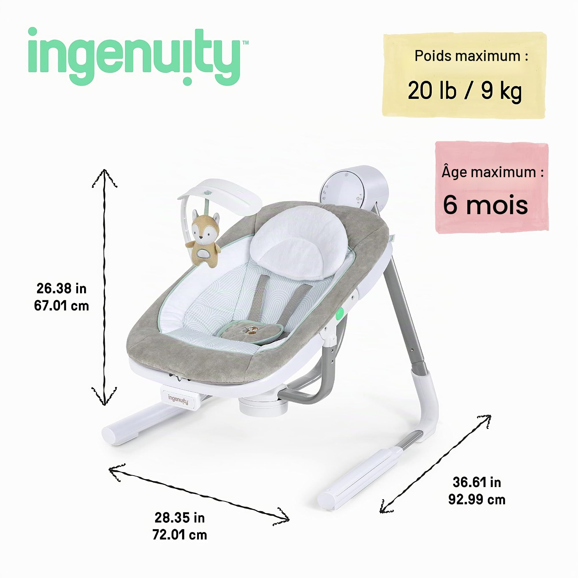 Ingenuity, Anyway Sway Balancelle Portable et Pliable pour Bébé à 5 Vitesses et Multi-Directions avec Vibrations, Sons de la Nature, 0-9 Mois 2,7-9 kg (Ray)