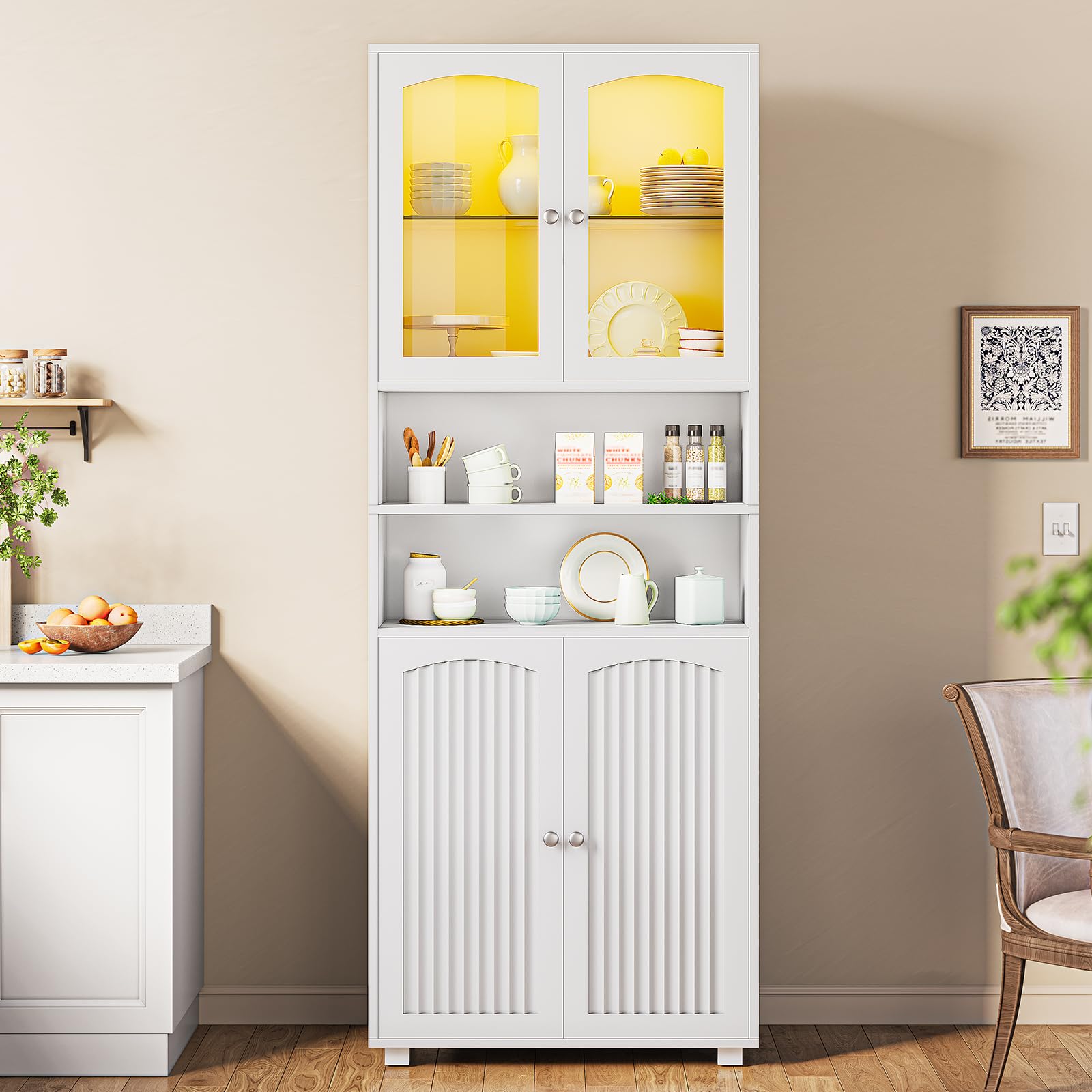 Meuble Colonne Salle de Bain avec Éclairage LED, Armoire de Rangement avec 2 Étagères Réglables, 2 Porte en Verre, Gain de Place, Armoire Haute pour Salon Cuisine, 60 x 29.5 x 179 cm, Blanc
