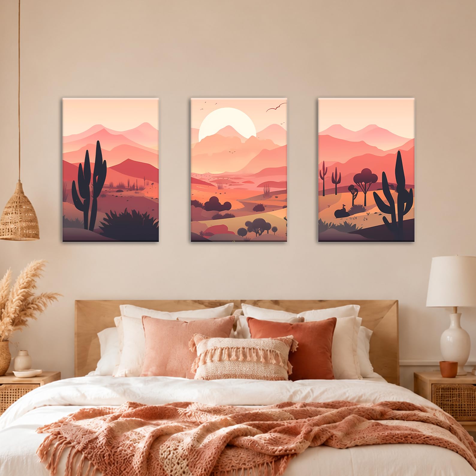 Motivilla 24x16 In Canvas Wall Art Set of 3, Desert Sunset Mountain | Easy to Hang Canvas, Warm Boho Desert Sunset Mountain Landscape For Living Room, Bedroom, Bathroom Or Entryway Mountain 24 x 16 in Canvas