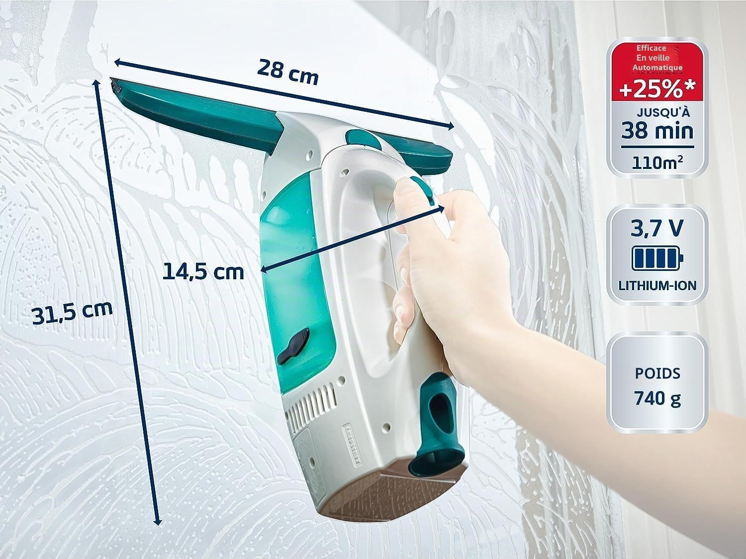 Leifheit Kit aspirateur à vitres Dry et Clean avec Manche et mouilleur, Lave vitre sans Traces, Nettoyeur vitre Multi usages, aspirateur Portable, autonomie jusqu'à 38 Minutes