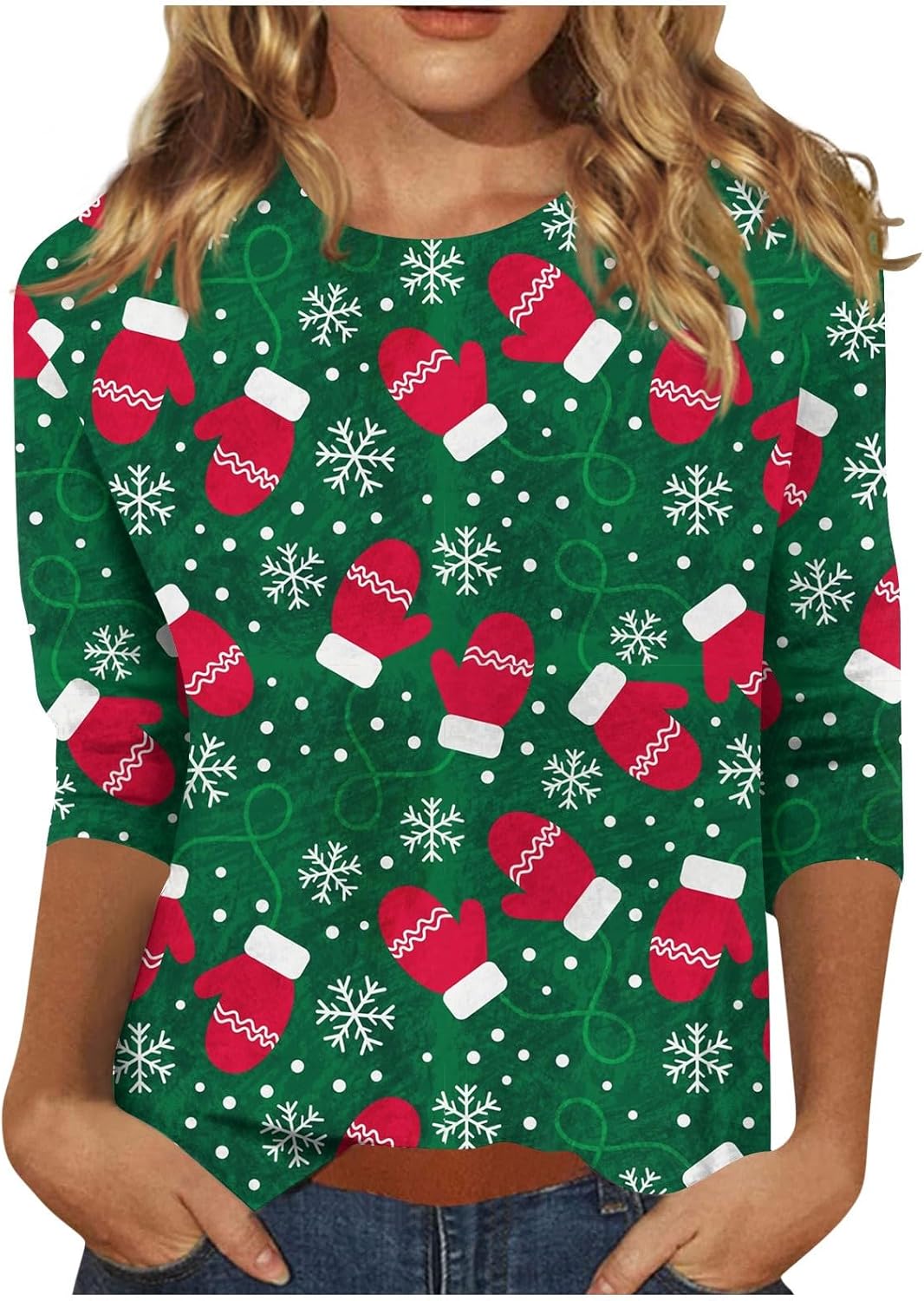 Womens Christmas Top,Women's CrewNeck 7Point Sleeve Christmas Print Womens Christmas Top