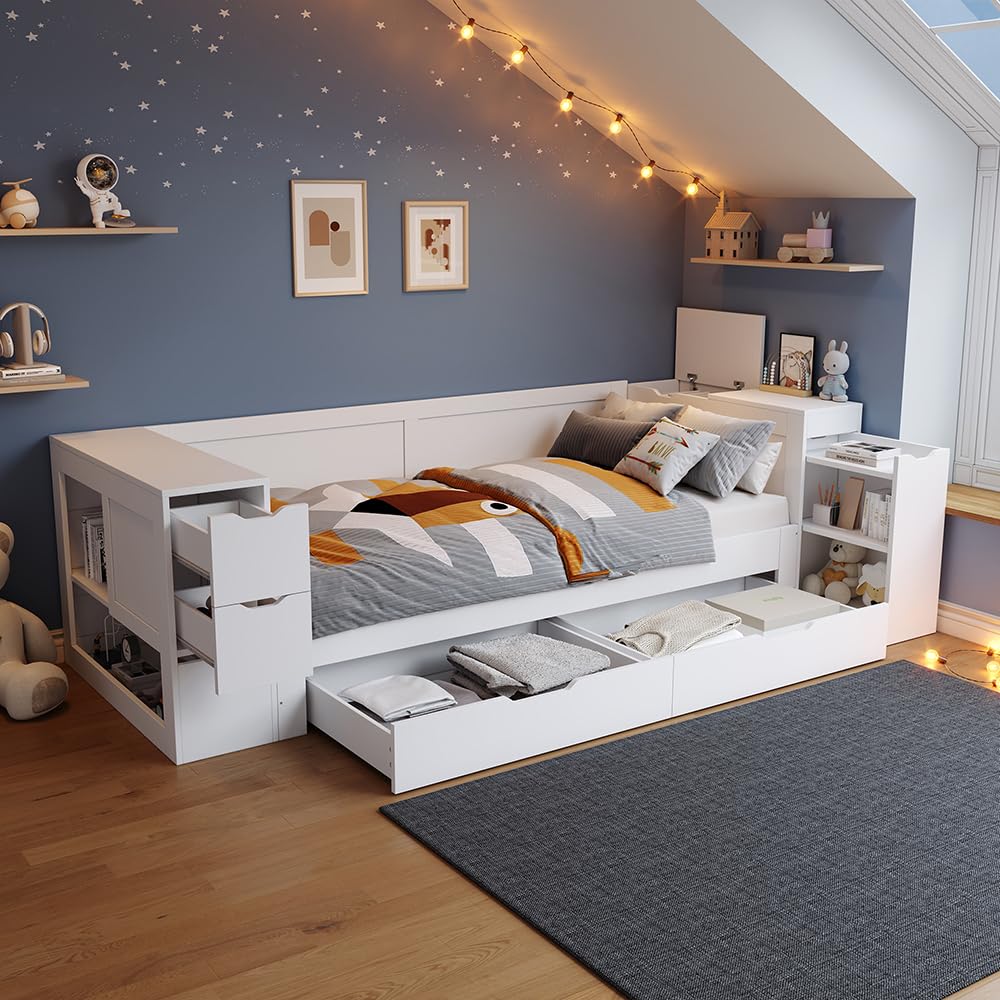 PUGSDRLY Lit Daybed Simple 90 x 200 cm, lit d'enfant Multifonctionnel avec tiroirs, étagères et Espace de Rangement, Bed Frame avec Table de Nuit,avec Espace de Rangement, sans Matelas, Blanc