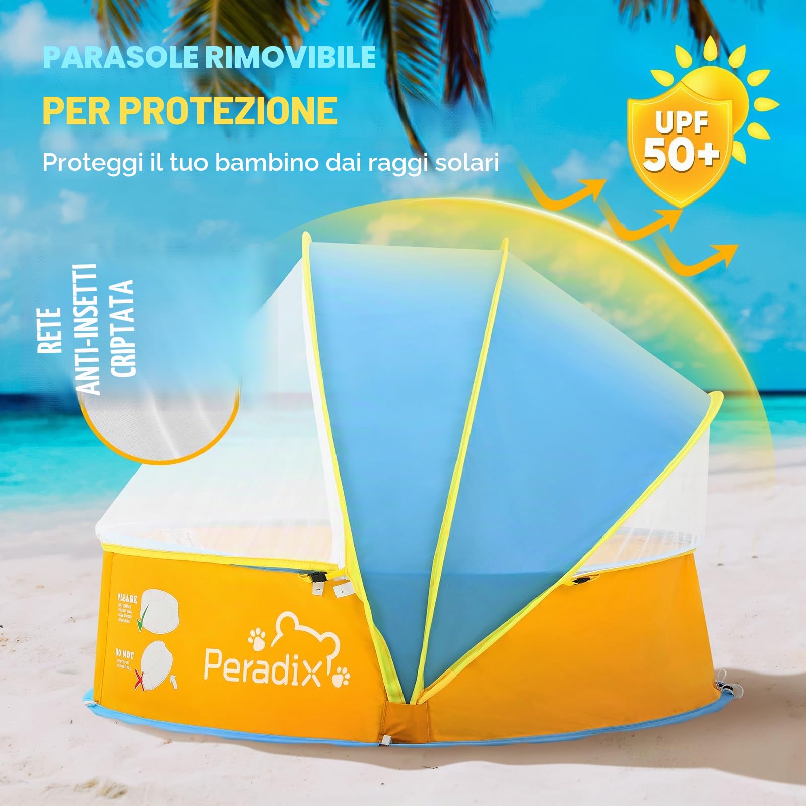 Peradix Piscina per bambini 4 in 1, con protezione dai raggi UV, tenda da spiaggia con zanzariera, tenda da gioco portatile, per la protezione solare estiva per anni (blu e giallo)