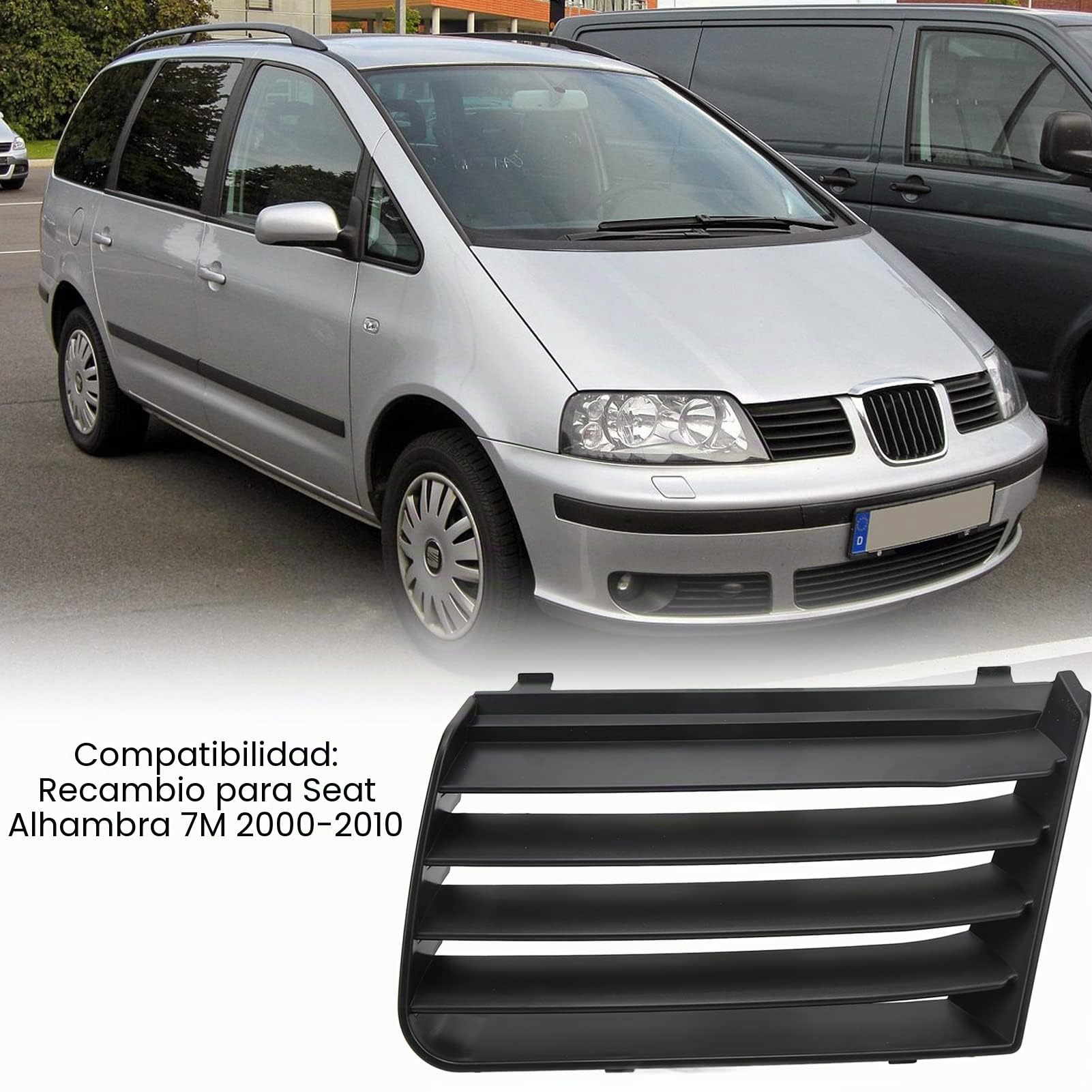Qiilu Parachoques Delantero Rejilla Superior, Rejilla Delantera para Capó 7M7 853 653 01C Reemplazo de Rejilla Superior Izquierda para Seat Alhambra 7M 2000-2010