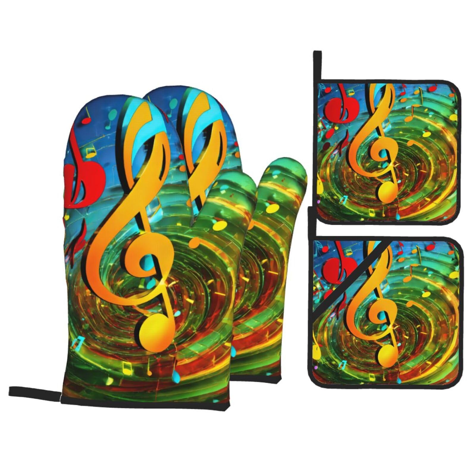 Music Note Print 4-Piece Heat-Resistant Oven Waterproof Kitchen Gloves Cooking Roasting Essential
