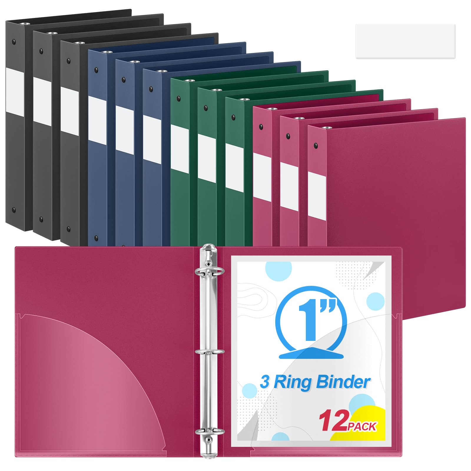 Henoyso 2,5 cm große farbige Ordner mit 3 Ringen, weich, flexibel, 21,6 x 27,9 cm, Kunststoff, biegbar, mit 2 Taschen, bunte Ordner, Großpackung für Schule, Büro, Geschäft, 12 Stück (verschiedene