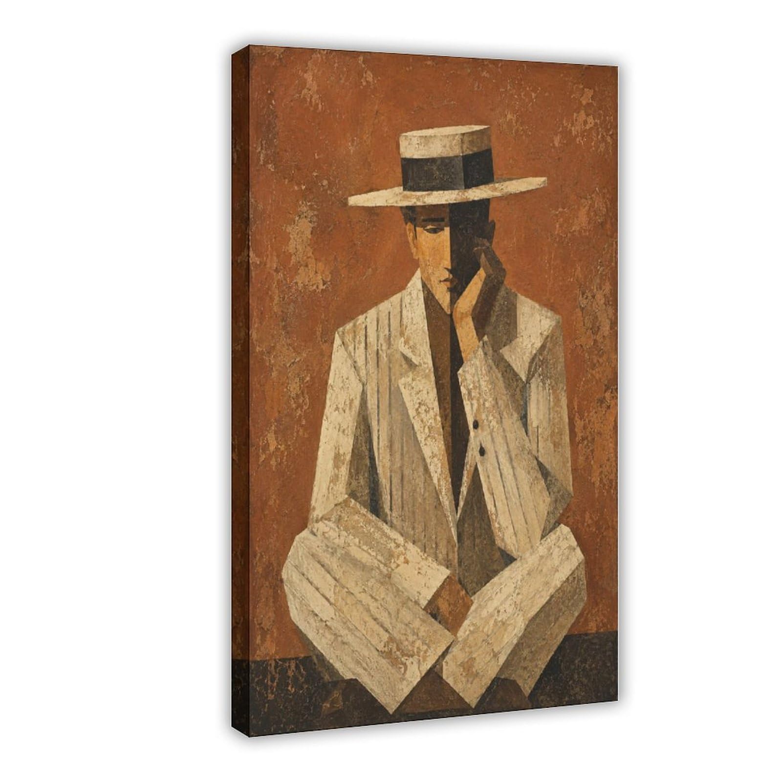 W7c8u2x3 Frame-Style-21 Man In White Suit Canvas Wall Art, Cubist Living Room Wall Art