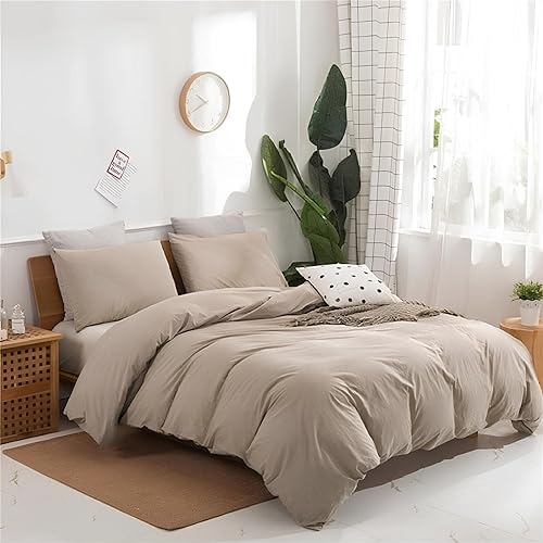 INDACORIFY Funda de edredón de algodón de color beige, funda de cama de algodón suave lavado a la piedra, juego de 3 piezas, funda de edredón de