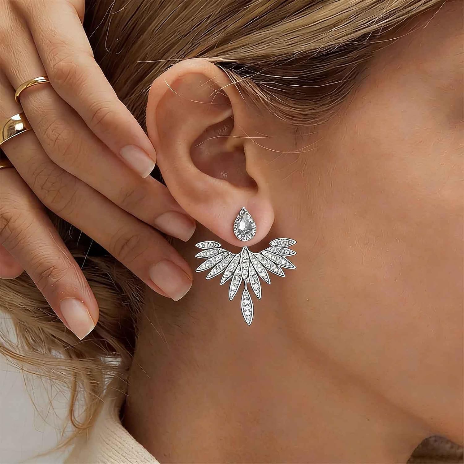 Punk Crystal Wing Earrings Crystal Ear Jacket Earrings Gold Cz Teardrop Stud Earrings Rhinestone Angel Wing Earrings Cz Wing Jacket Earrings Jewelry for Women